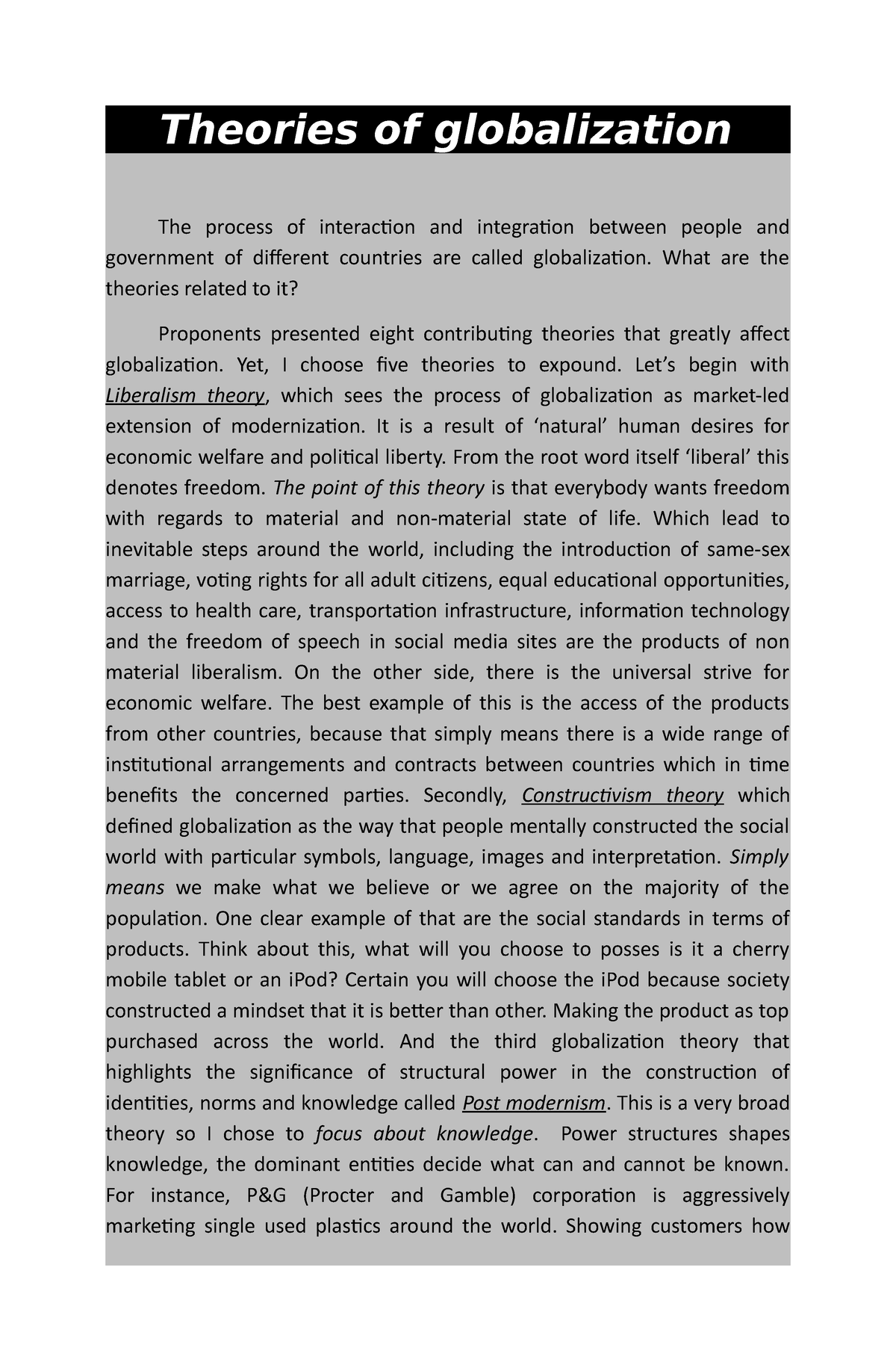 theory of globalization essay