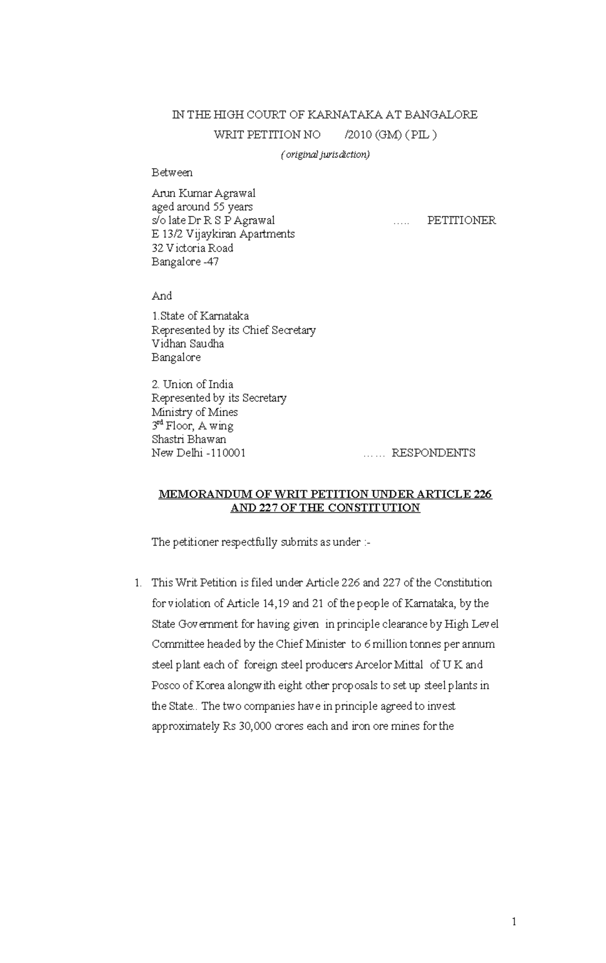 Karnataka mining PIL petition - IN THE HIGH COURT OF KARNATAKA AT ...