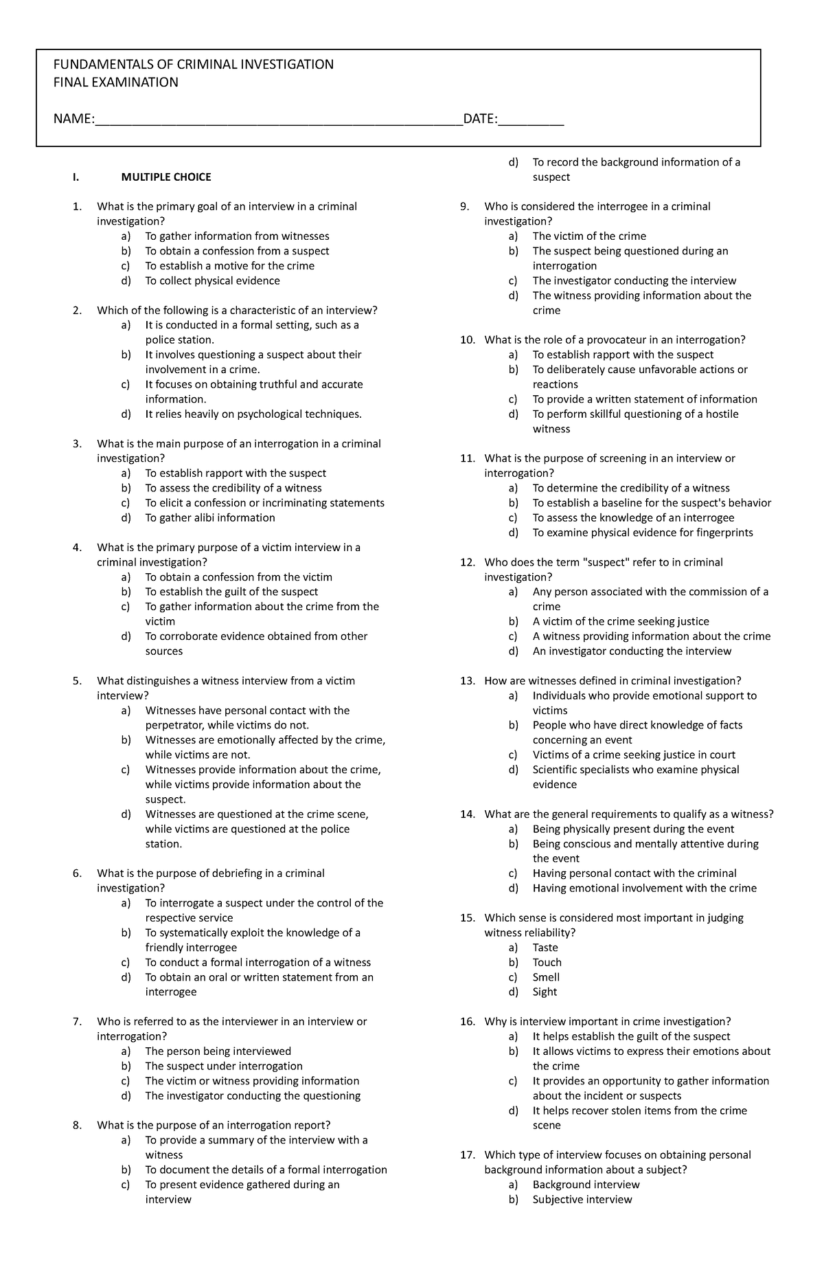 Final exam without answer - I. MULTIPLE CHOICE What is the primary goal ...