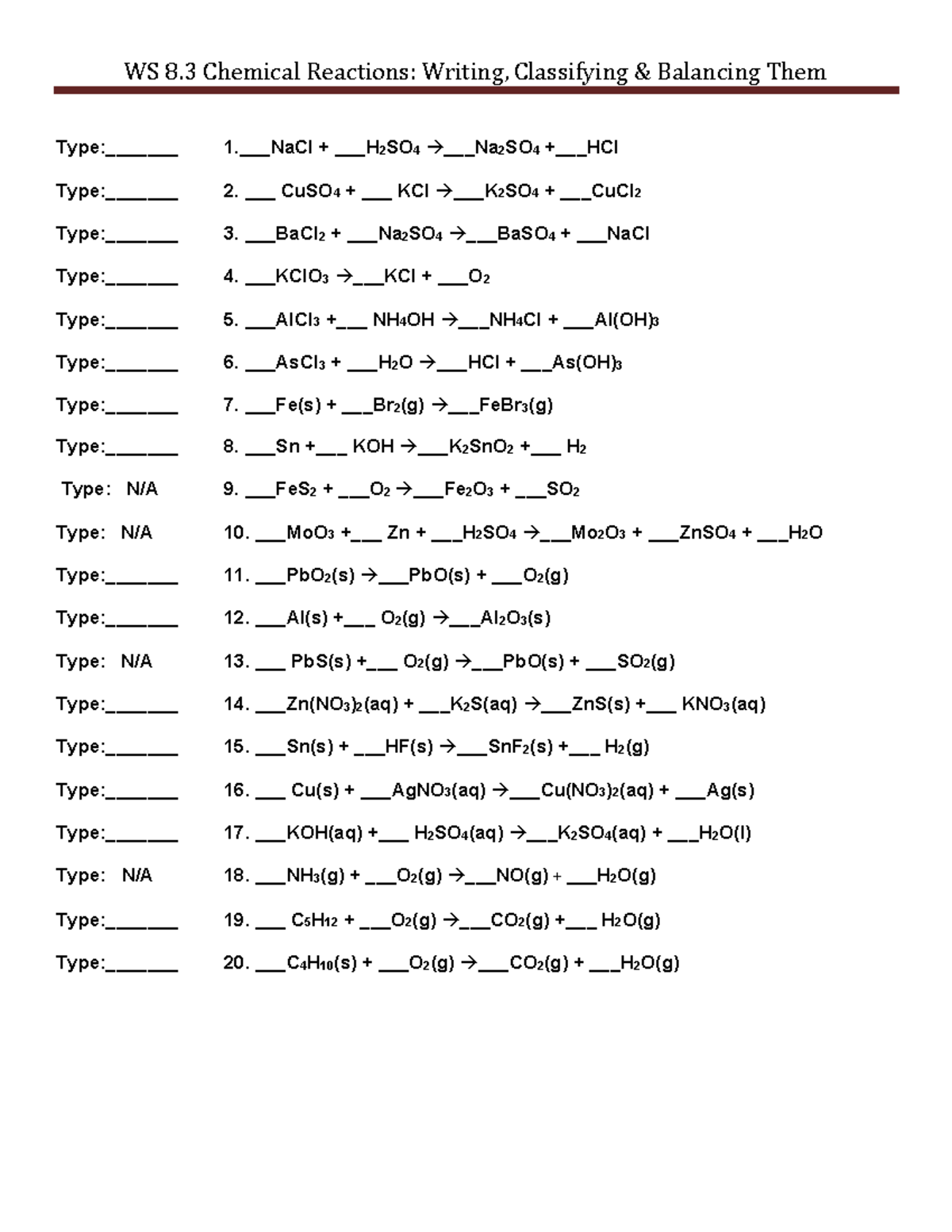 WS 8.3 Writing, Balancing and Classifying Equations - WS 8 .3 Chemical ...