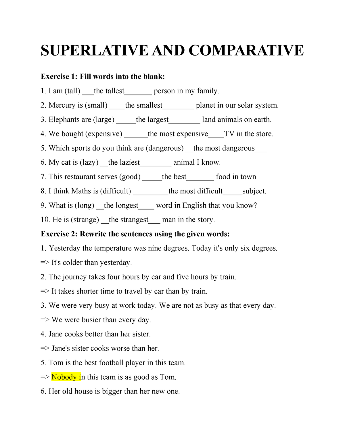 Superlative AND Comparative 28 - SUPERLATIVE AND COMPARATIVE Exercise 1 ...