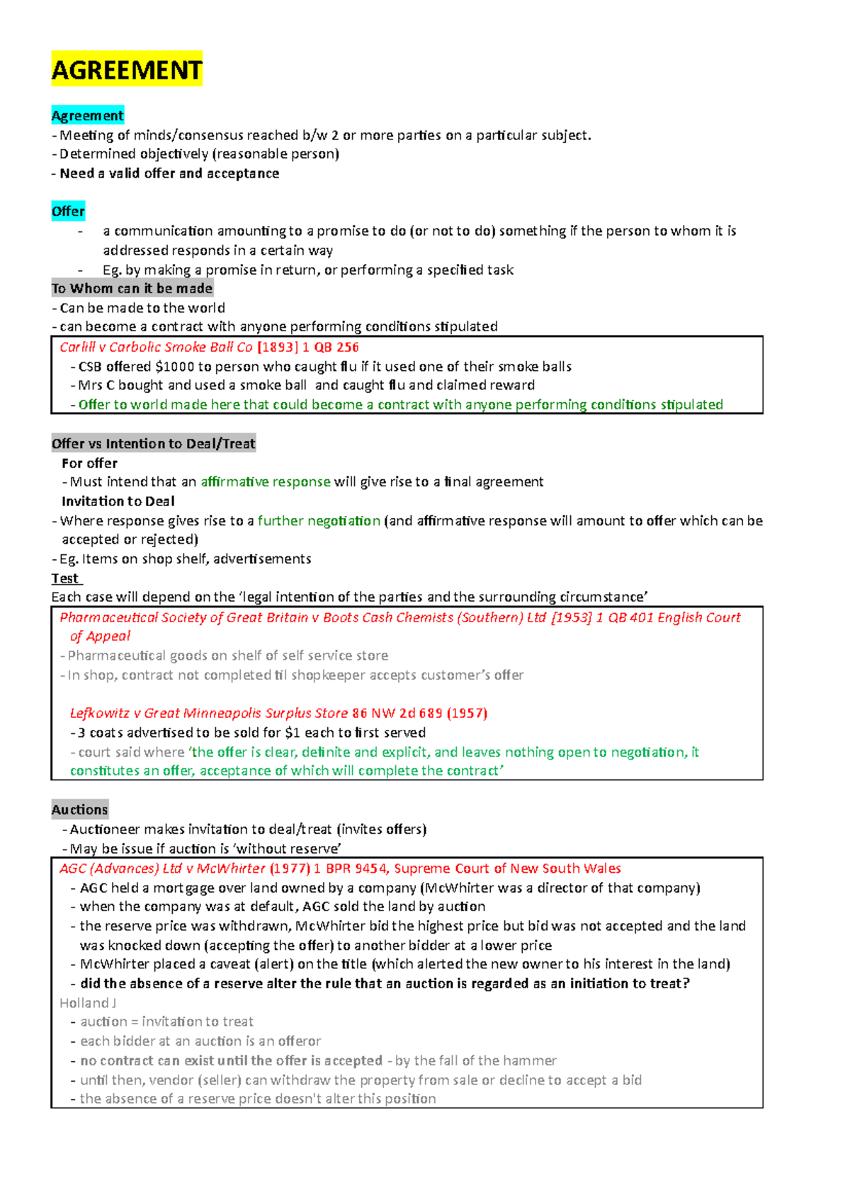 Contract Exam Notes 1(a) - AGREEMENT Agreement - Meeting of minds ...