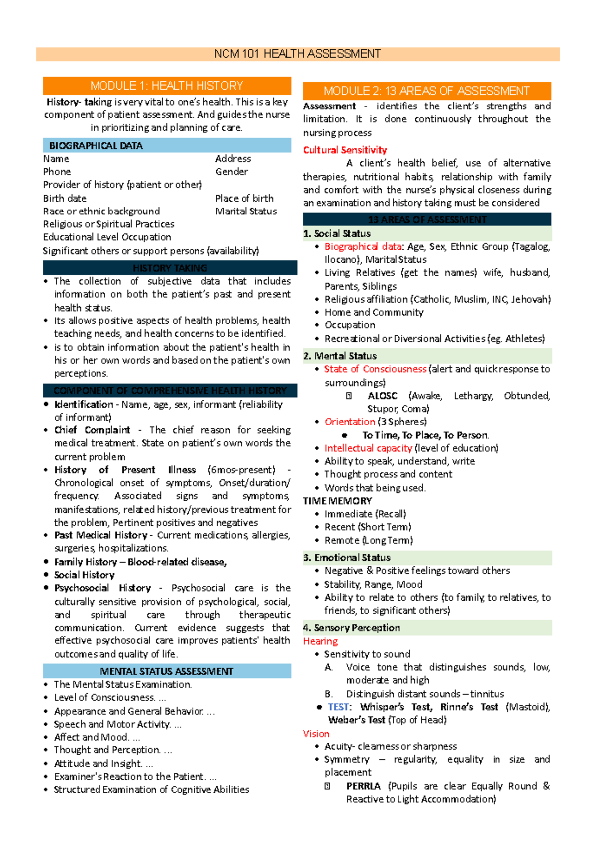 NCM 102 Health Assessment Prelim Notes - MODULE 1: HEALTH HISTORY ...