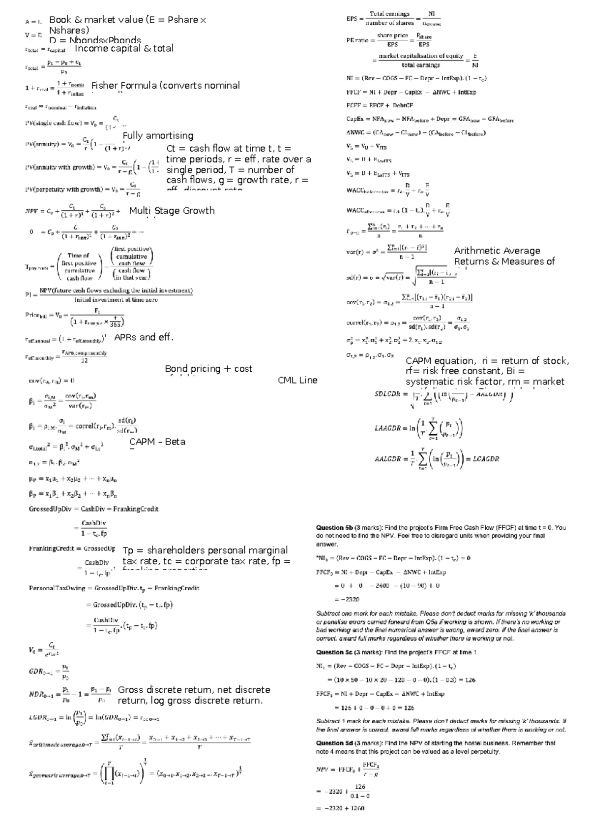 AFIN1002 Cheat Sheet - Book & market value (E = Pshare x Nshares) D ...