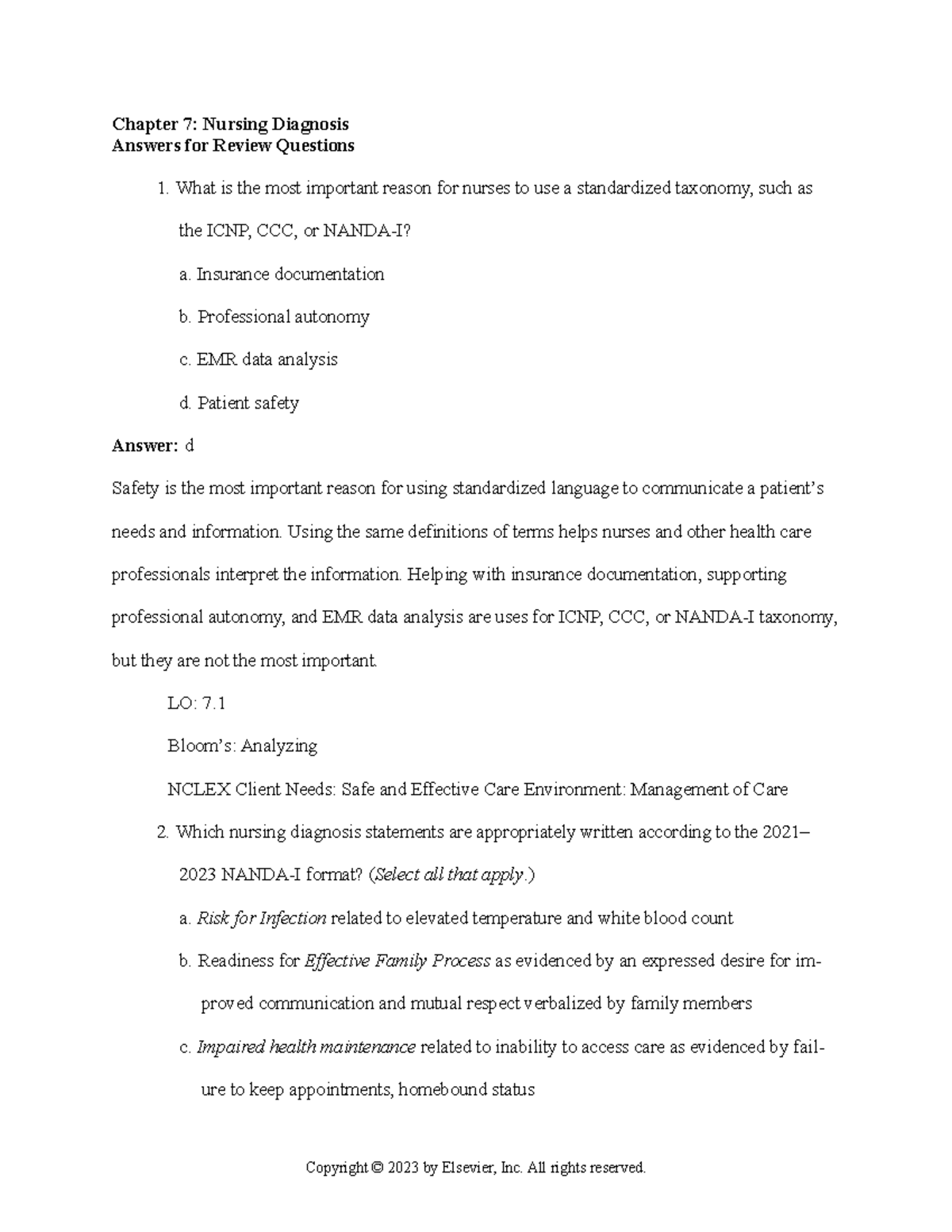 Chapter 007 - Exam Review - Chapter 7: Nursing Diagnosis Answers For ...