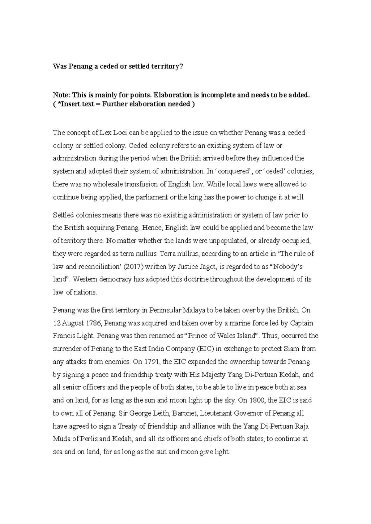 MLH Malaysian Legal History whether Penang was a Ceded or Settled ...