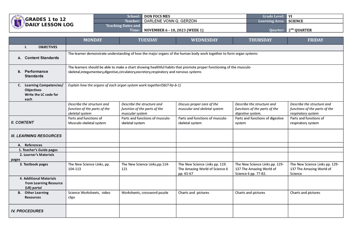 DLL Science 6 Q2 W1 - the lesson plan will be he,lpful to other ...