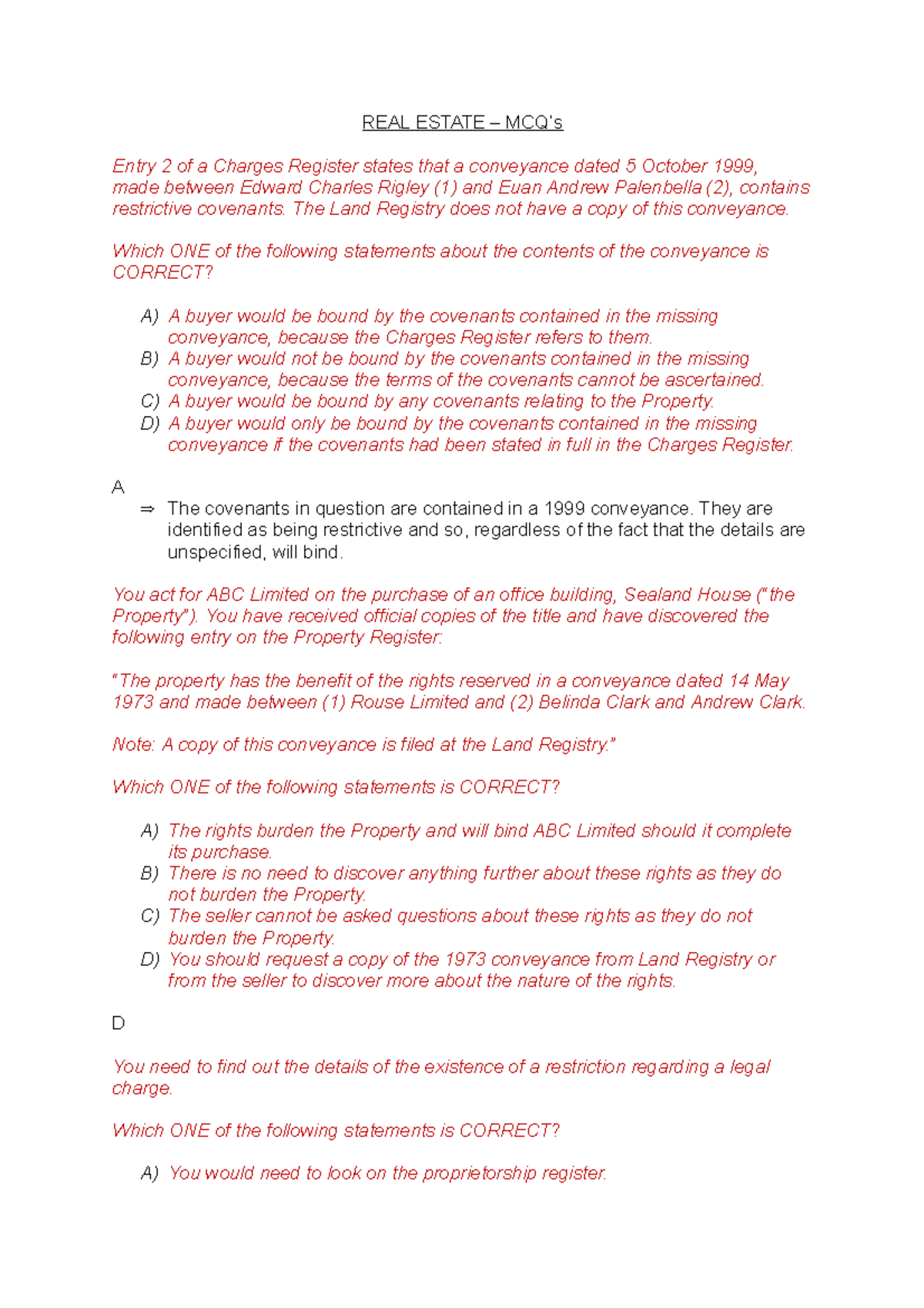 REAL Estate MCQS Notes REAL ESTATE MCQ’s Entry 2 of a Charges
