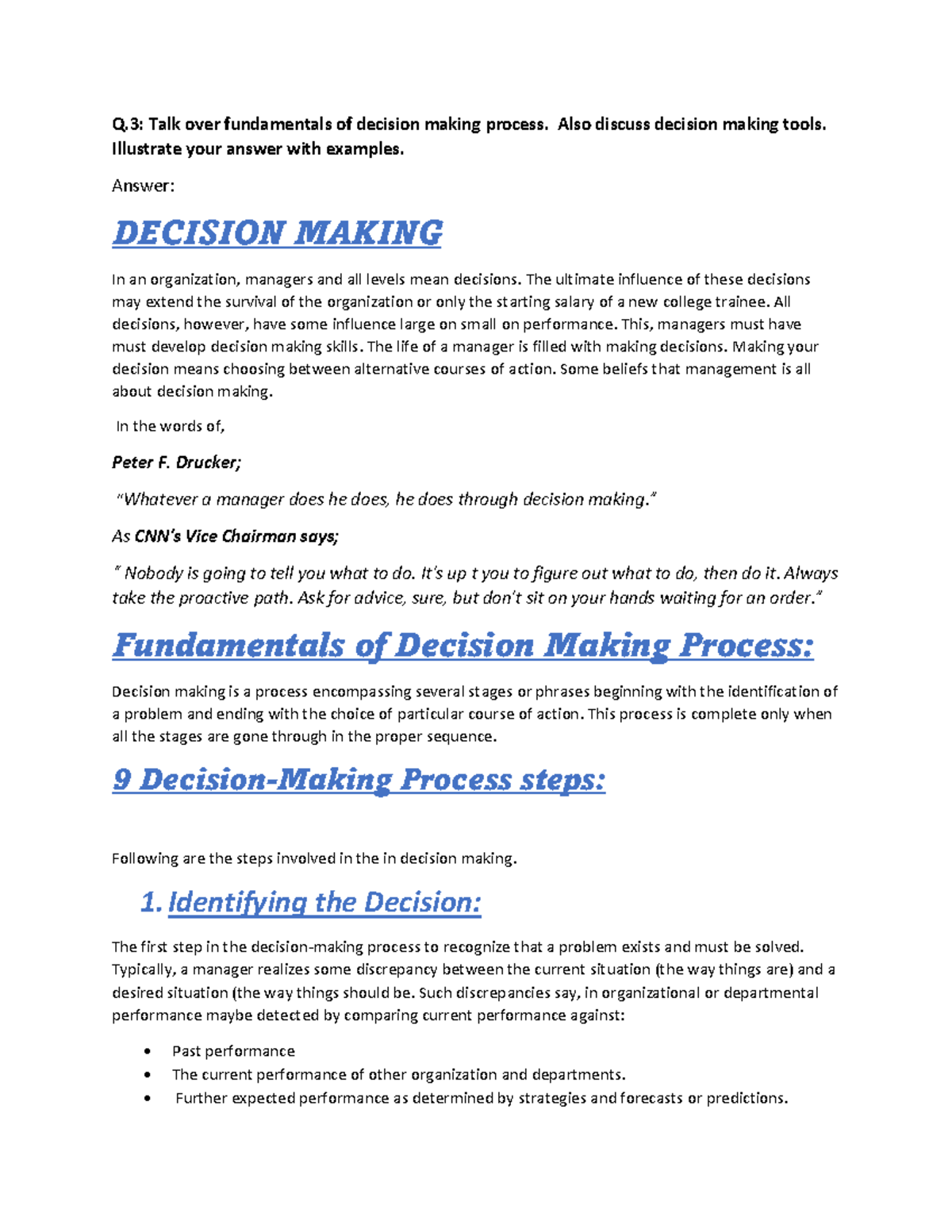 Decision making tools and techniques - Q: Talk over fundamentals of ...