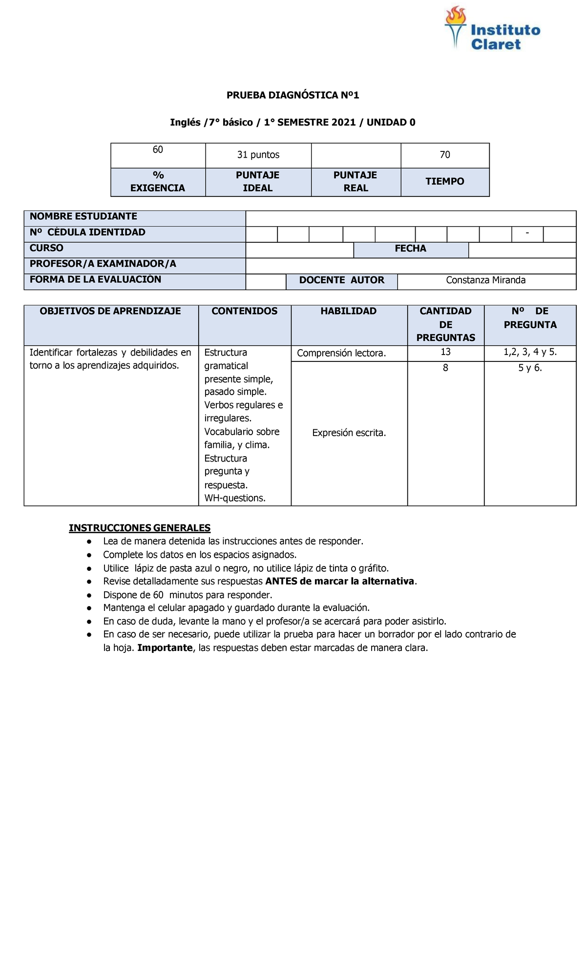 EVALUACION ANUAL - PRUEBA DIAGN”STICA N∫ InglÈs /7∞ B·sico / 1∞ ...