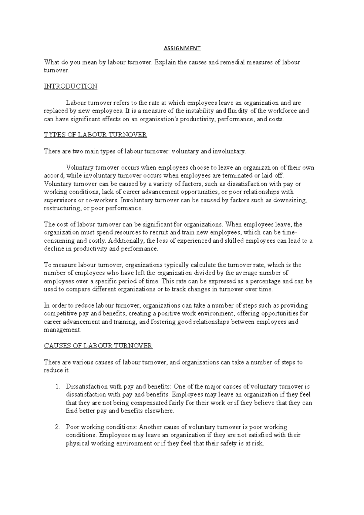 Labour turnover - Explain the causes and remedial measures of labour ...