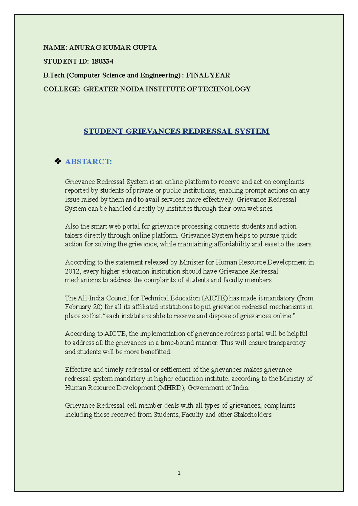 Student Grievances Redressal System - NAME: ANURAG KUMAR GUPTA STUDENT ...