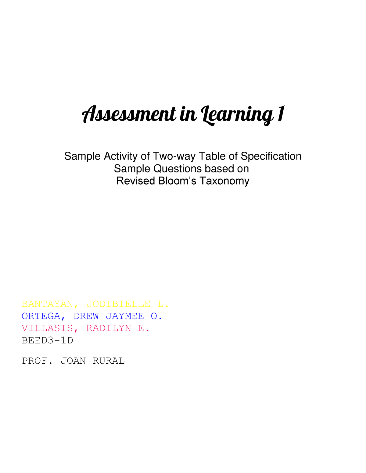 Table Of Specification - Assessment In Learning 1 Sample Activity Of ...