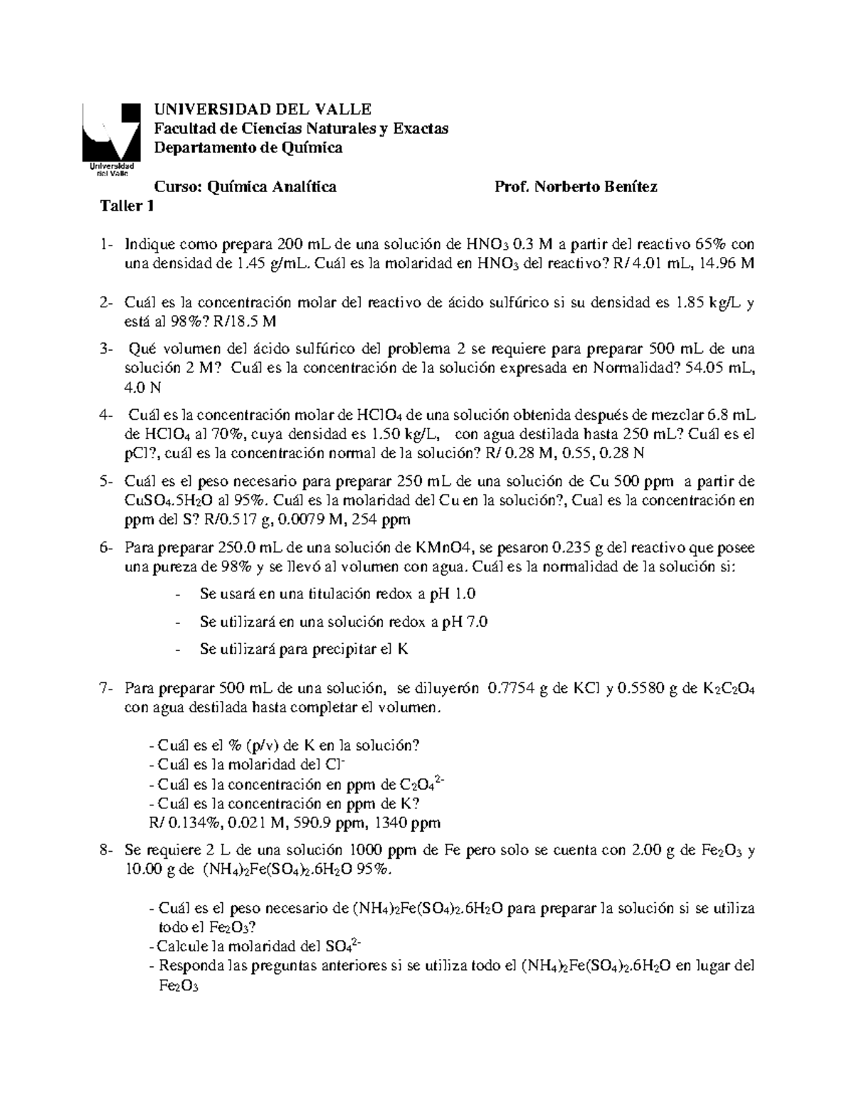 Taller 1 Química analítica - UNIVERSIDAD DEL VALLE Facultad de Ciencias ...
