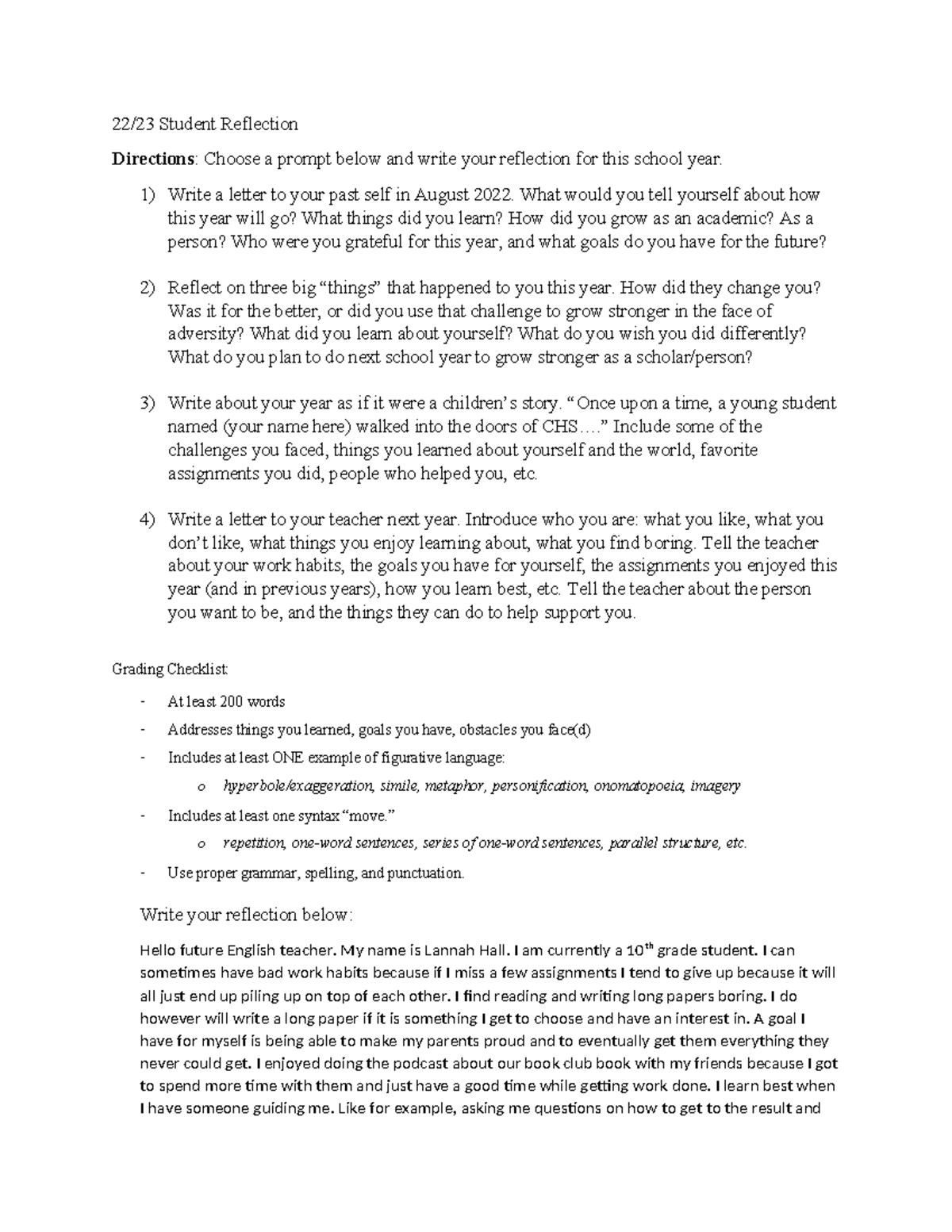 hiifjdwhuebuwbuubwu - 22/23 Student Reflection Directions: Choose a ...