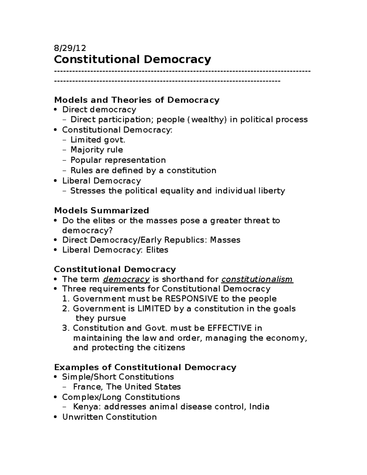 Lecture 3 - Constitutional Democracy 9-10-12 - 8/29/12 Constitutional ...