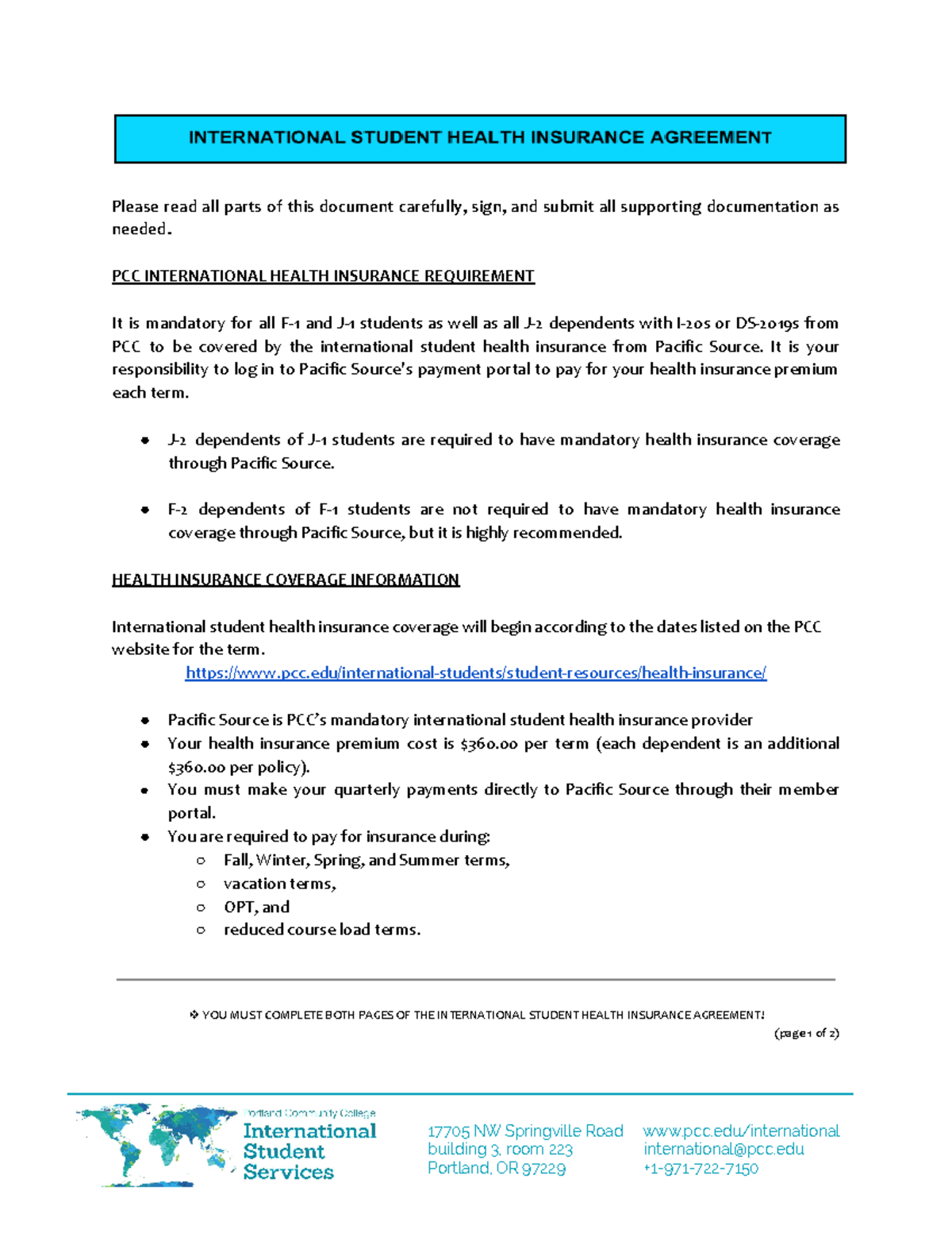 International Student Health Insurance Agreement - Please read all ...