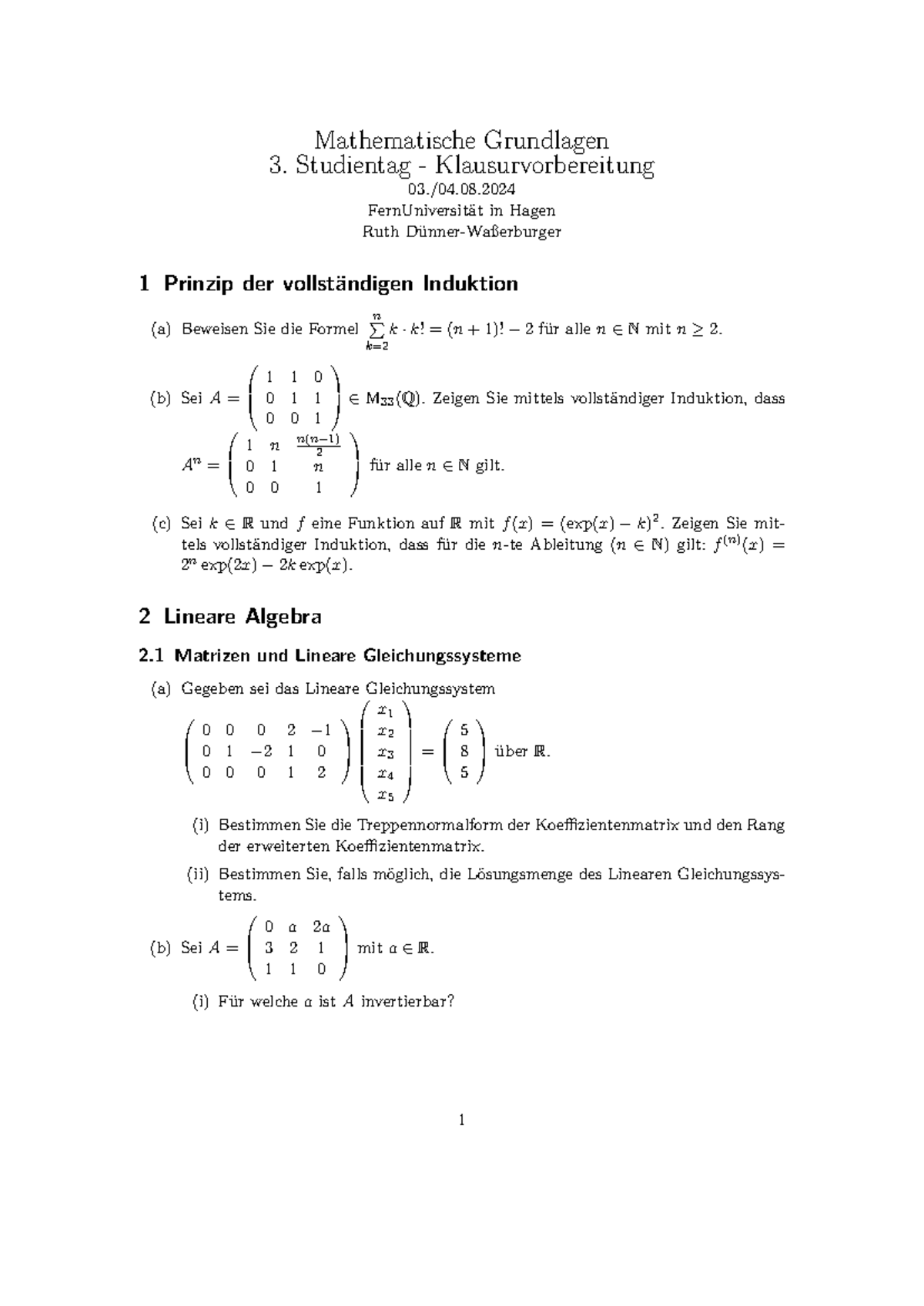 Übungen Studientag 3 (Klausurvorbereitung) - Mathematische Grundlagen
