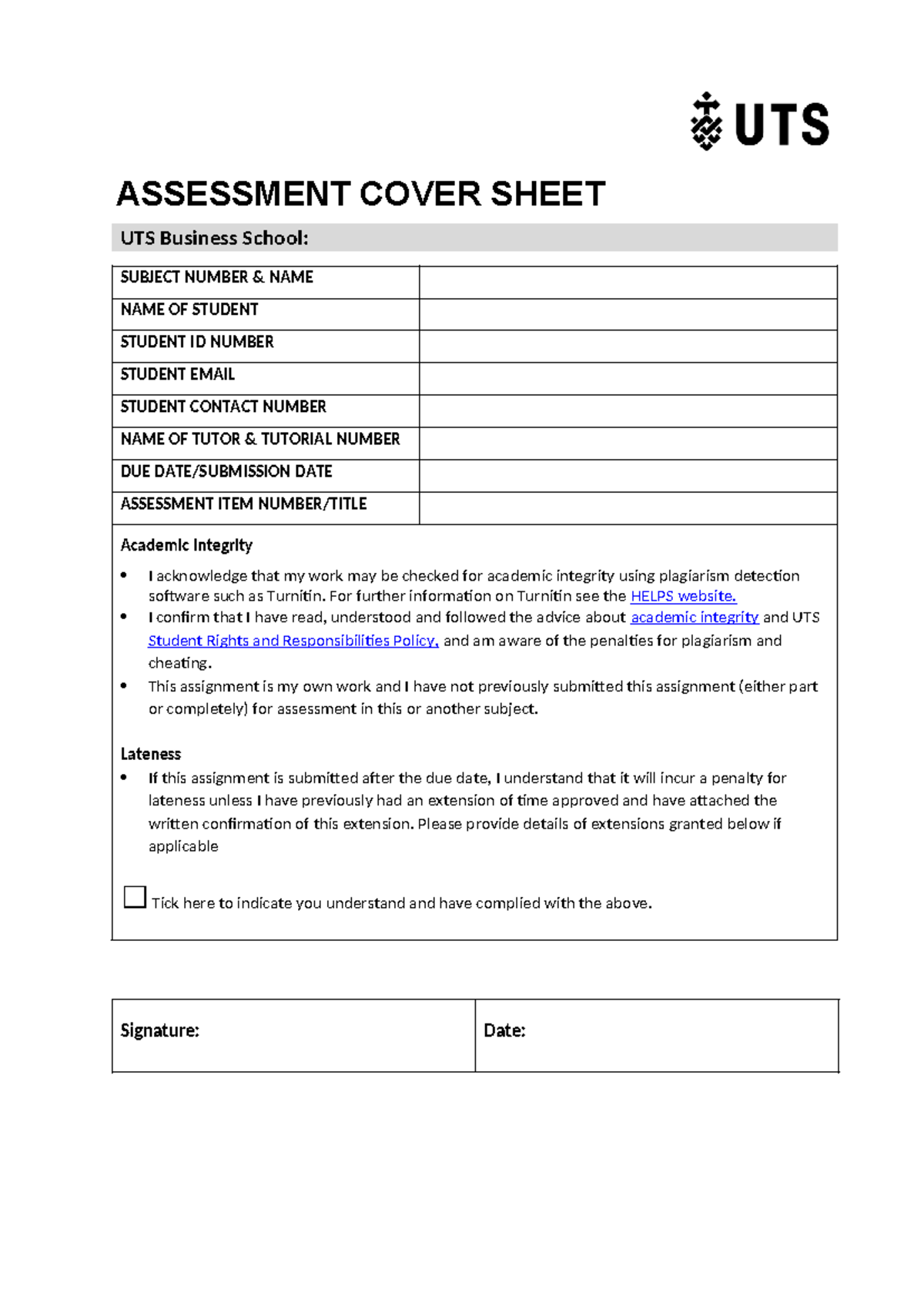 sample cover sheet - ASSESSMENT COVER SHEET UTS Business School ...
