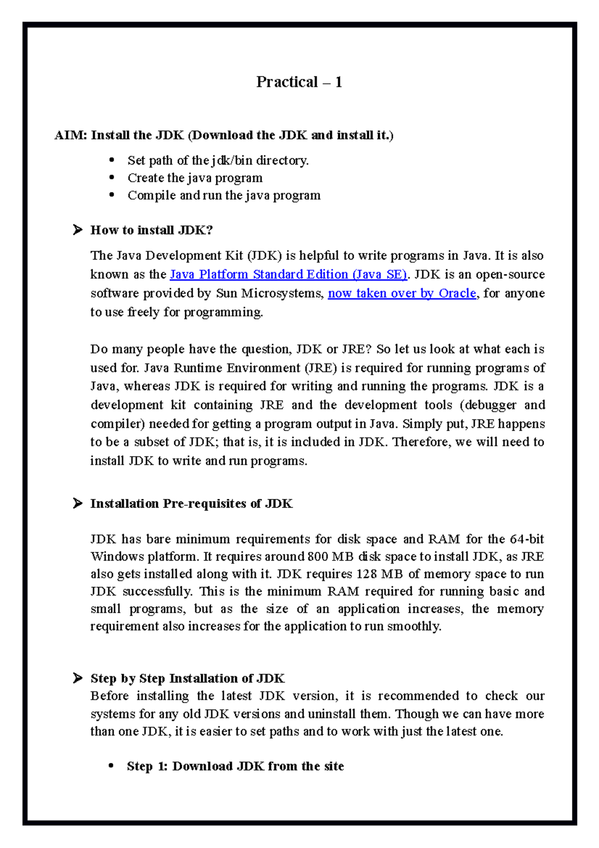 MCA GTU JAVA Practical'S - Practical – 1 AIM: Install the JDK (Download ...
