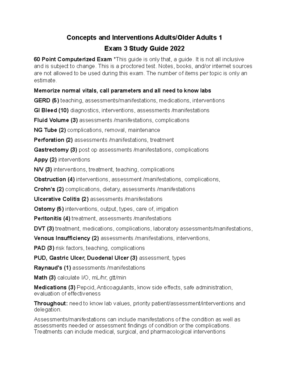 Exam 3 Study Guide 2022 - Concepts and Interventions Adults/Older ...
