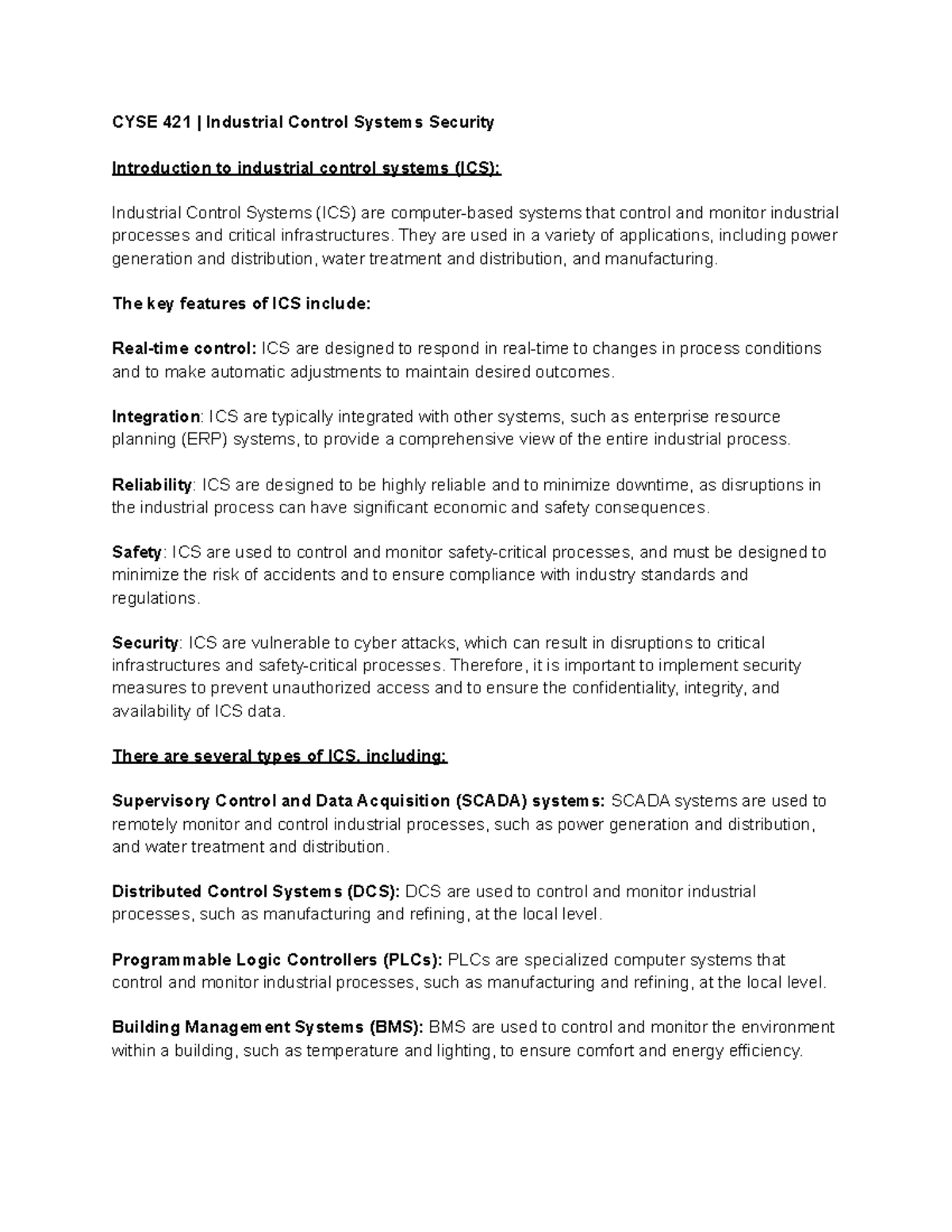CYSE 421 Industrial Control Systems Security notes CYSE 421
