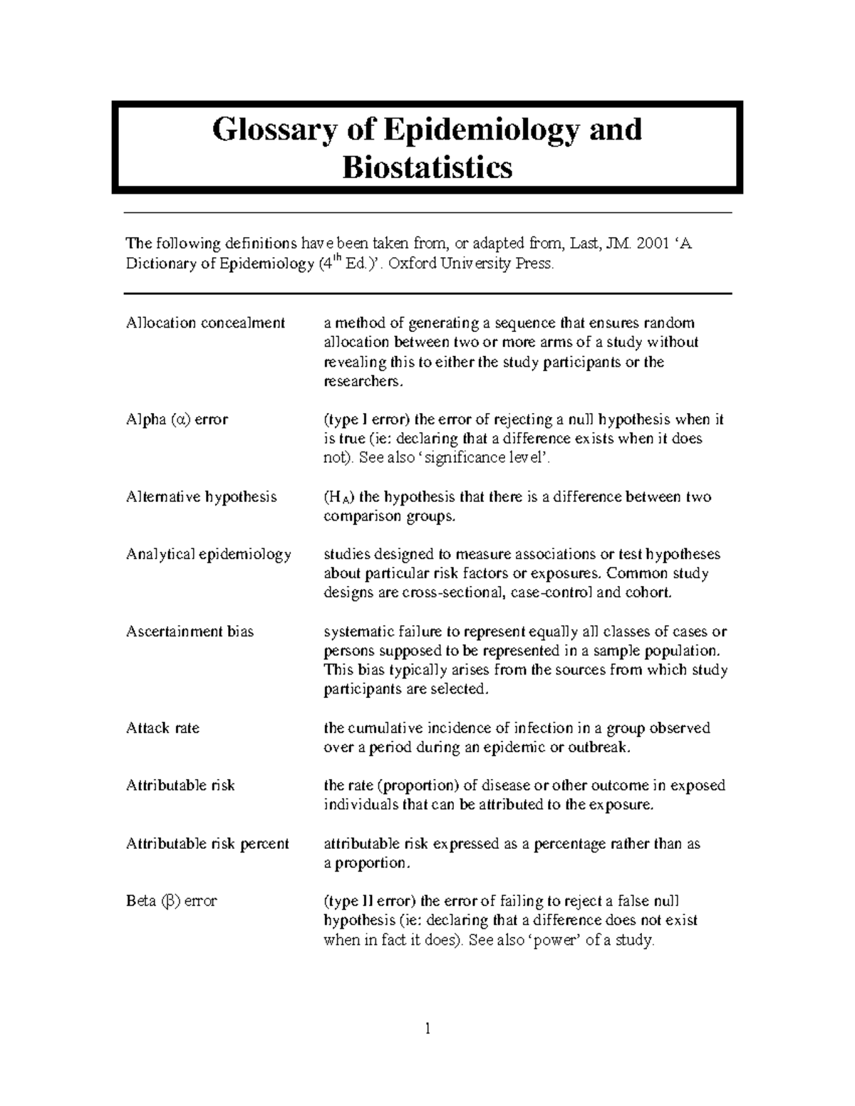 Glossary 2001 „A Dictionary of Epidemiology (4th Ed.)‟. Oxford