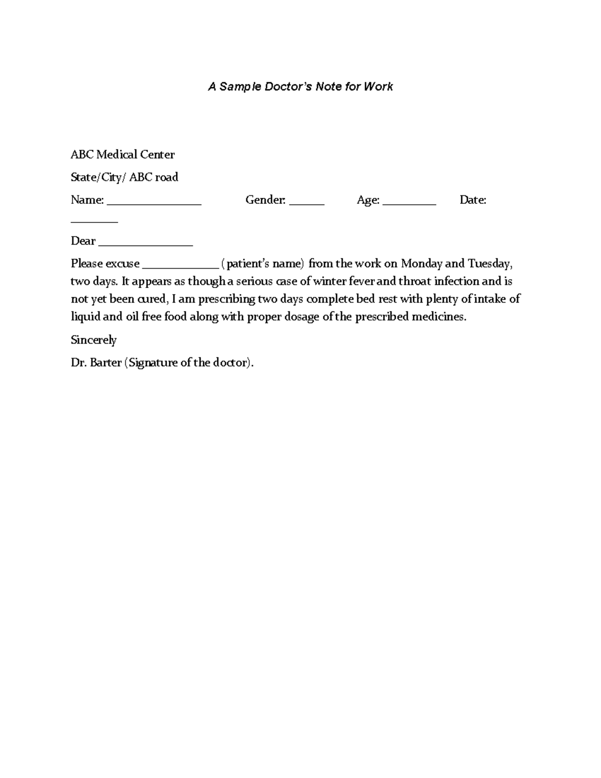 Doctors note for work template 1 - A Sample Doctor’s Note for Work ABC ...
