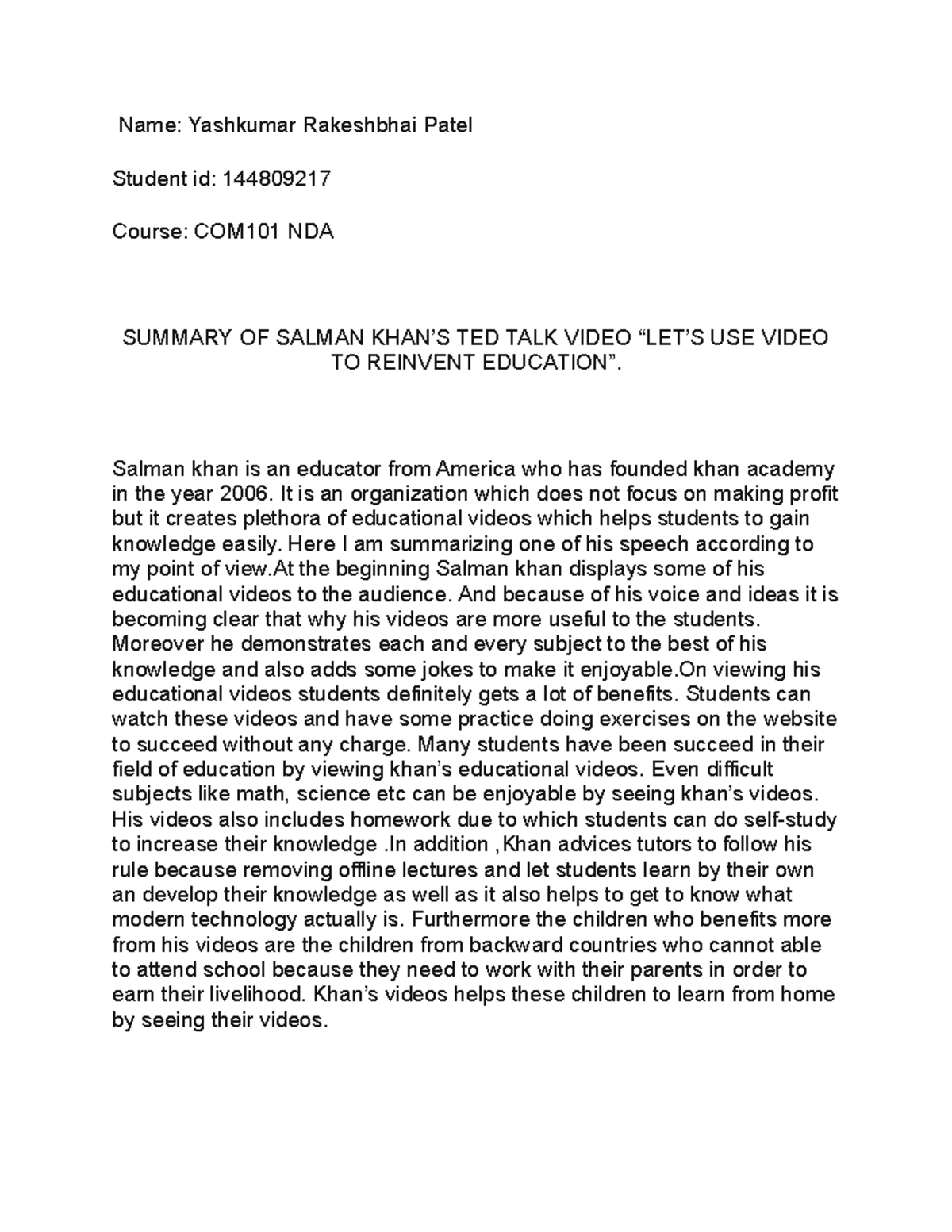 Summary of salman khan's lets use video to reinvent education - Name ...