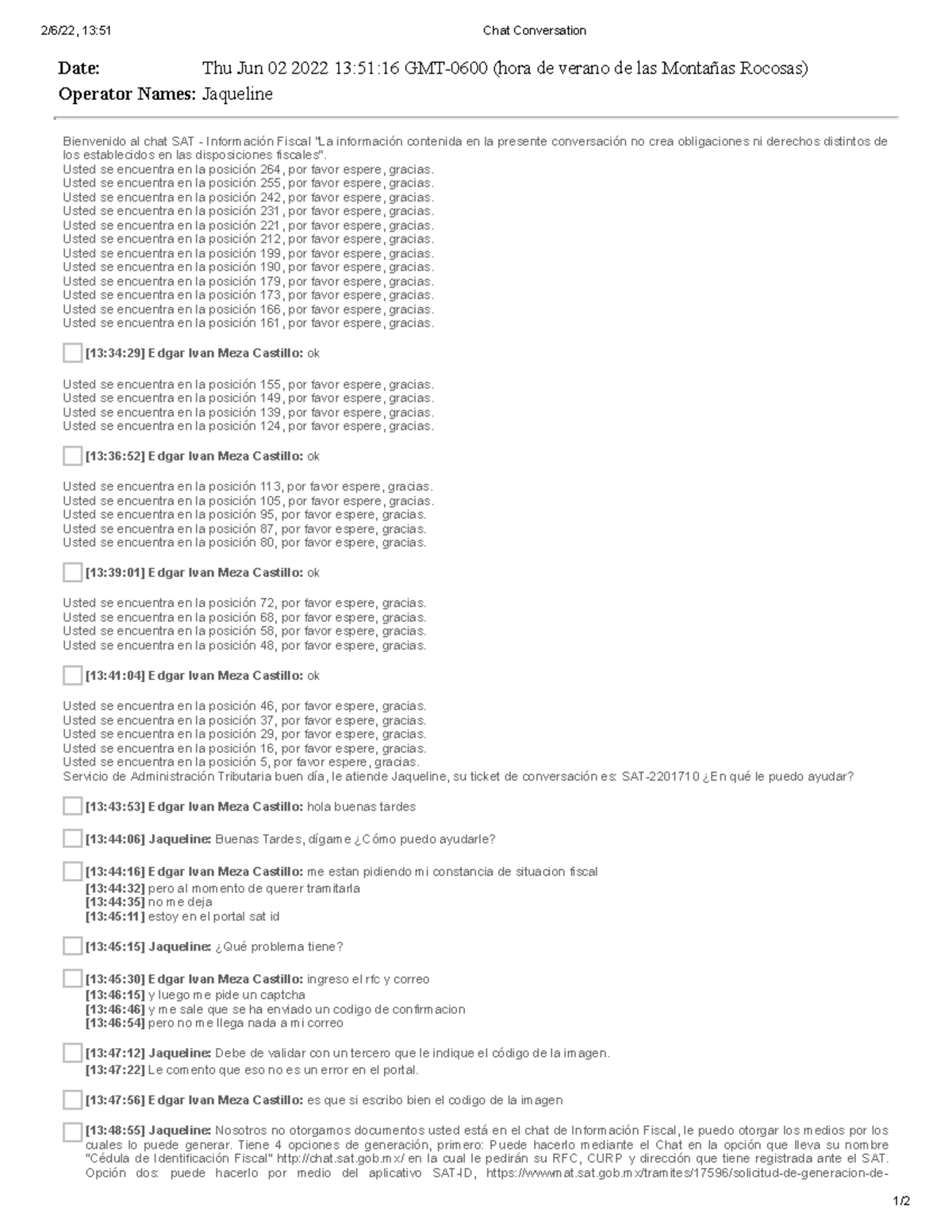 Chat Conversation - test - 2/6/22, 13:51 Chat Conversation 1/ Date: Thu ...