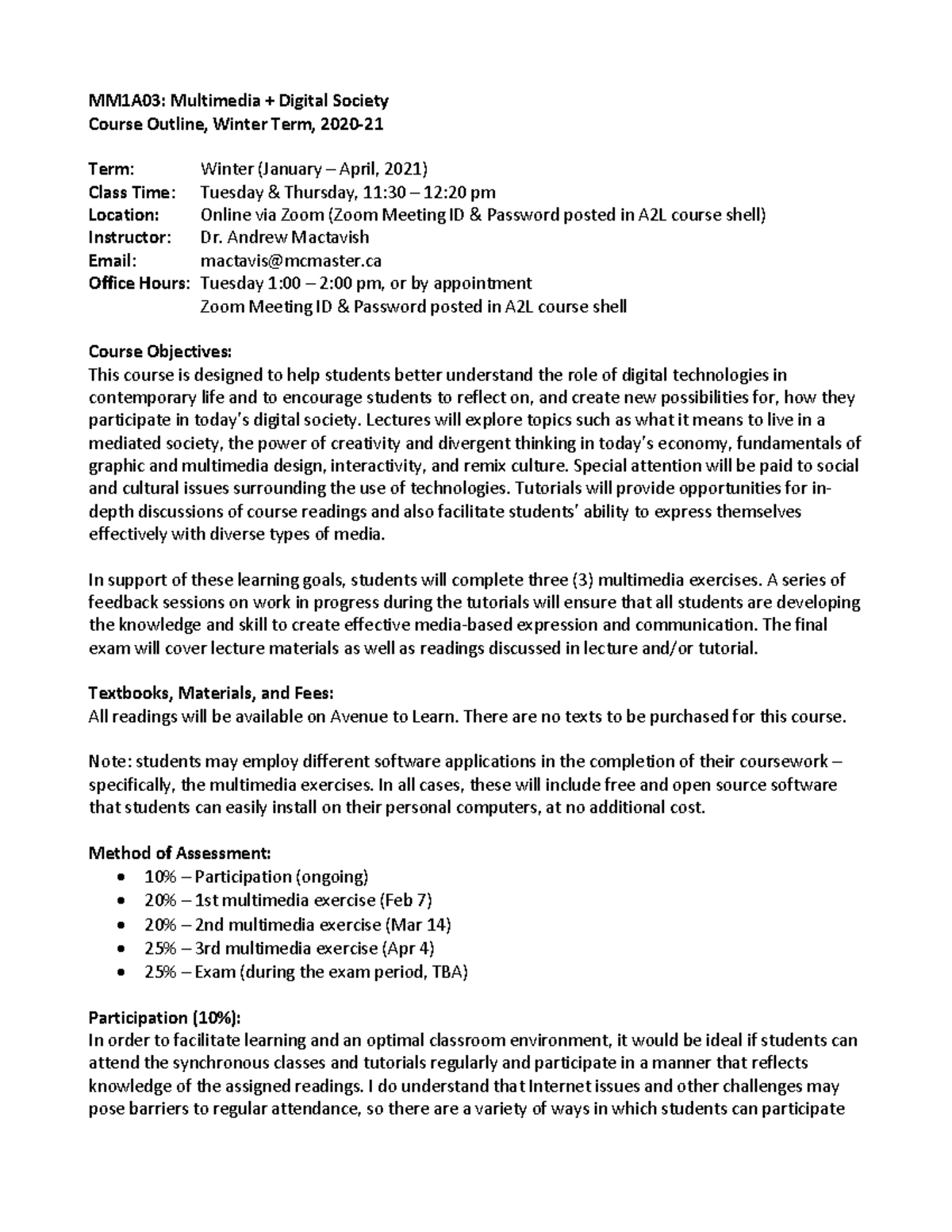 MM1A03 course outline Winter 2021 - MM1A03: Multimedia + Digital ...