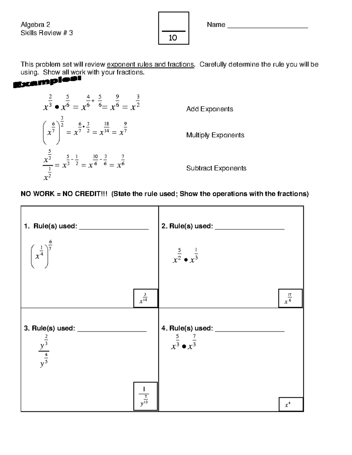 3 exponent rules with rationals - Algebra 2 Name ...