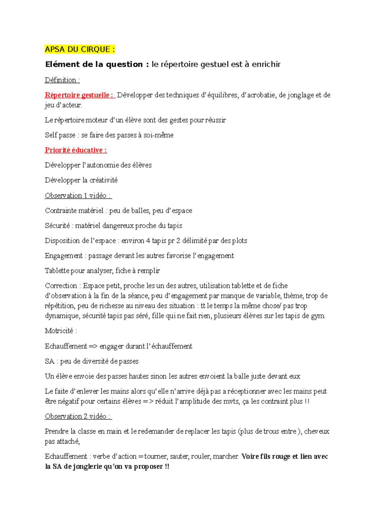 APSA DU Cirque - APSA DU CIRQUE : Elément de la question : le ...
