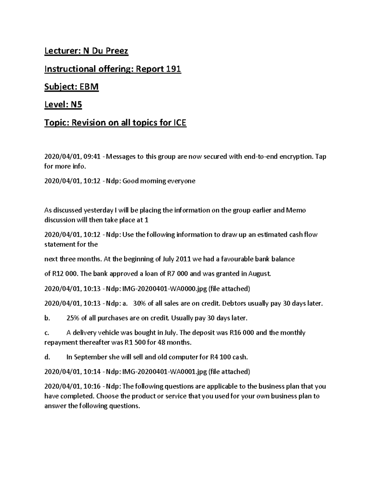 Ebm N4 All Topics Revision Exercise Lecturer N Du Preez