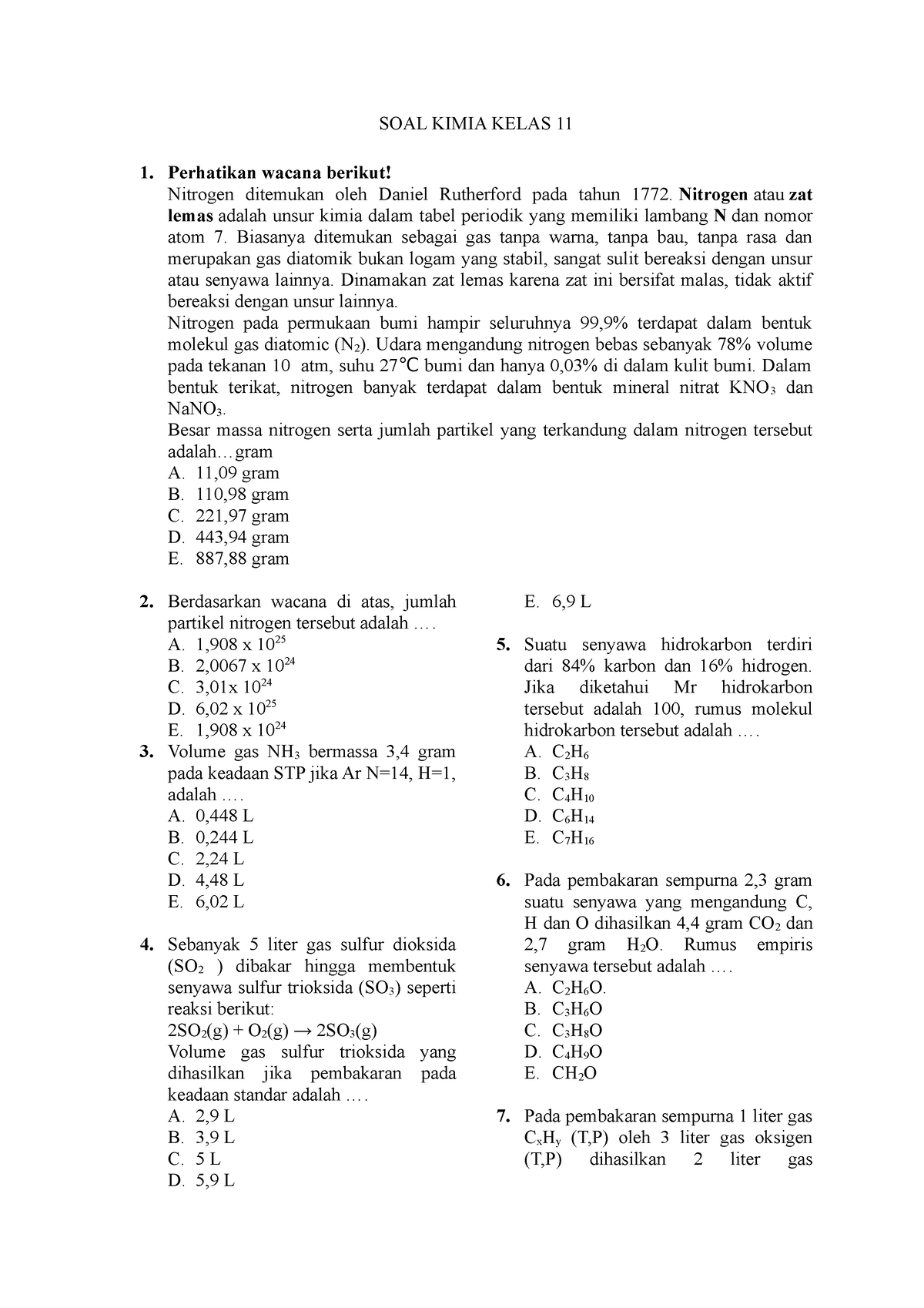 50 soal essay kimia kelas 11