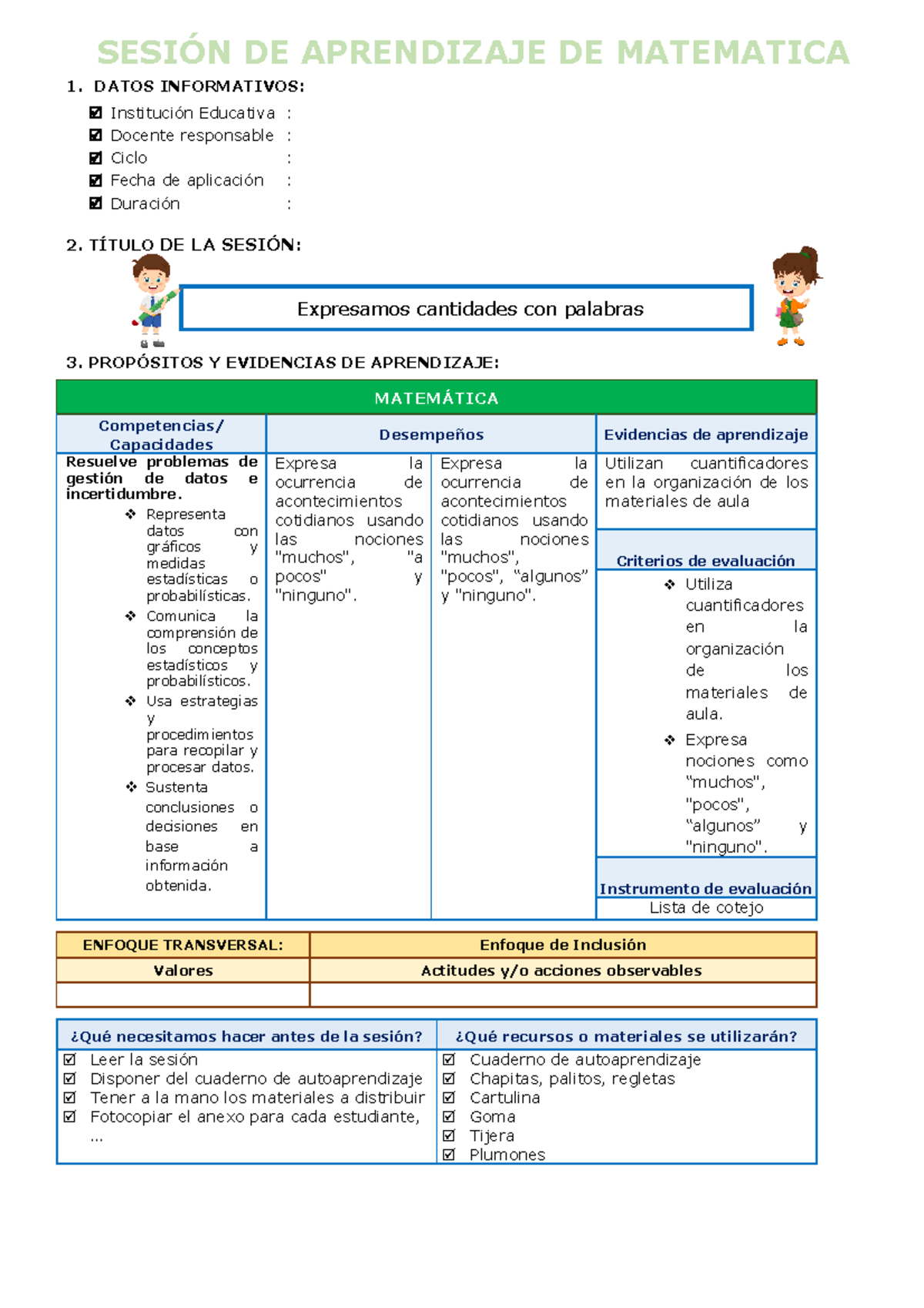 Sesión DE Matematica - SESIÓN DE APRENDIZAJE DE MATEMATICA 1. DATOS ...