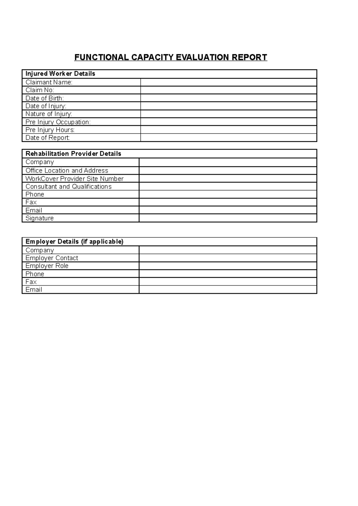 Printable Functional Capacity Evaluation Sample