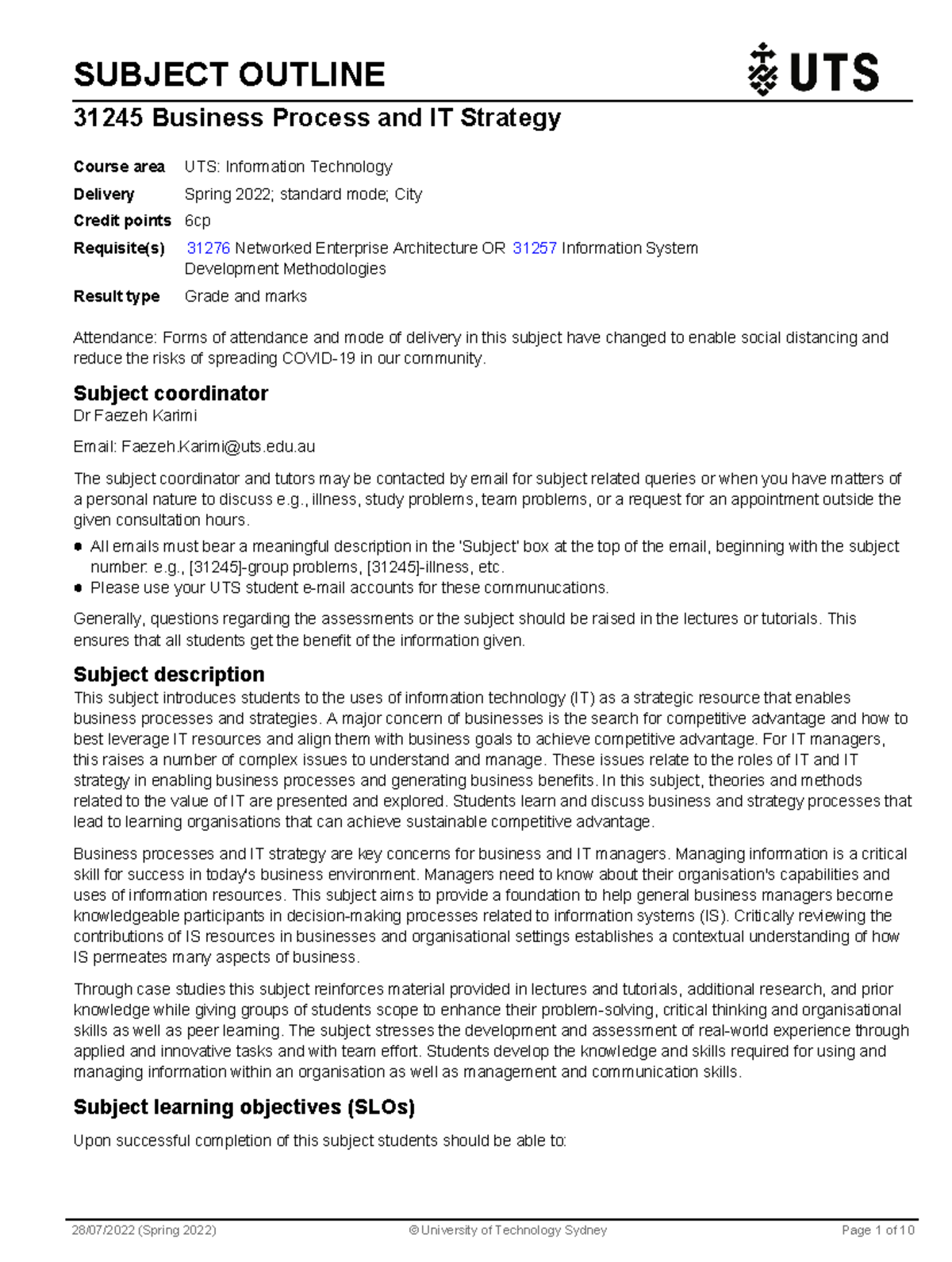 31245 BPIT Subject Outline - SUBJECT OUTLINE 31245 Business Process and ...