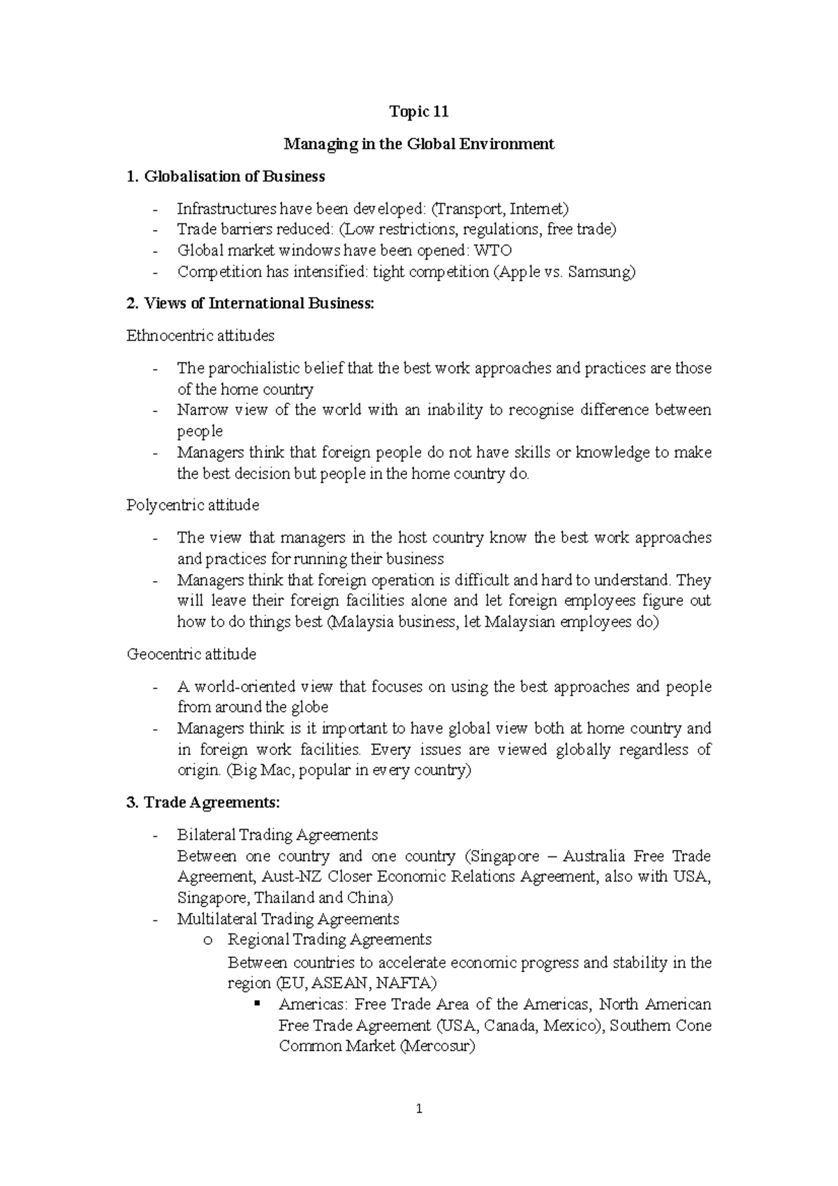 Lecture notes, Topic 11 - managing in the global environment - Topic 11 ...