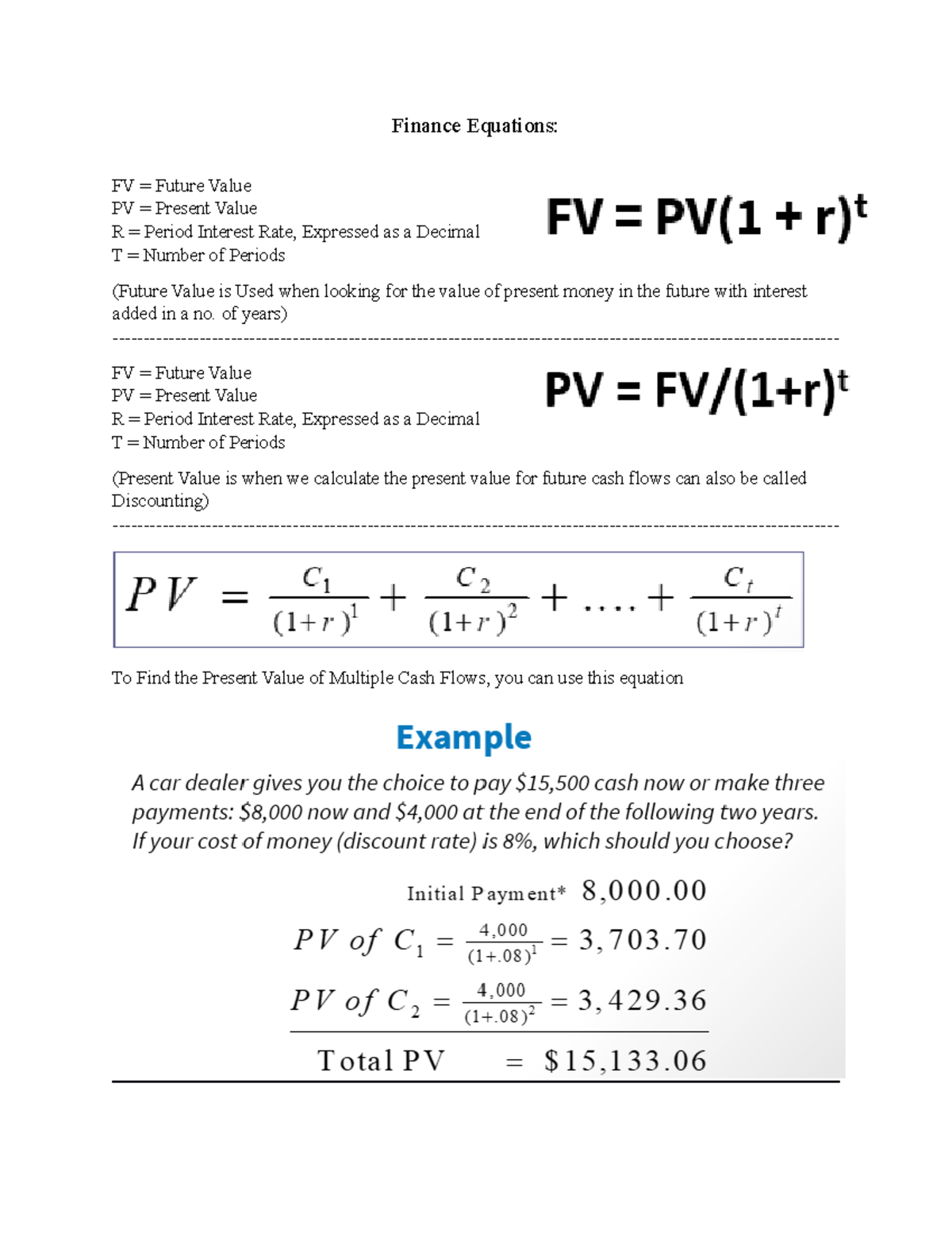 Finance Eq - Finance Equations: FV = Future Value PV = Present Value R ...