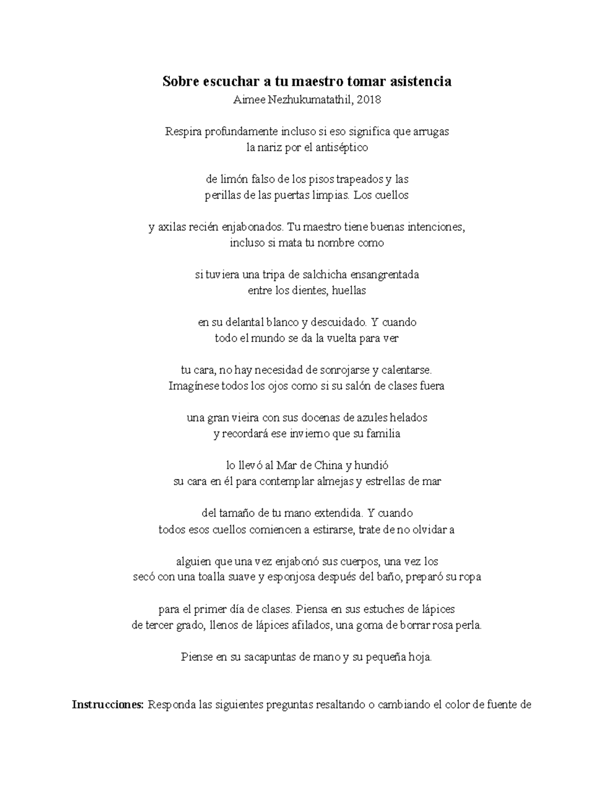 Spanish Copy of On Listening to Your Teacher Take Attendance text and