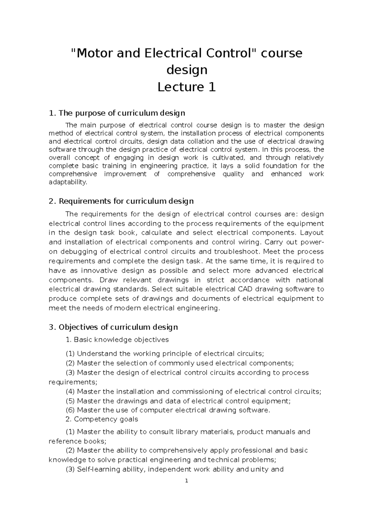 "Motor and Electrical Control" course design "Motor and Electrical