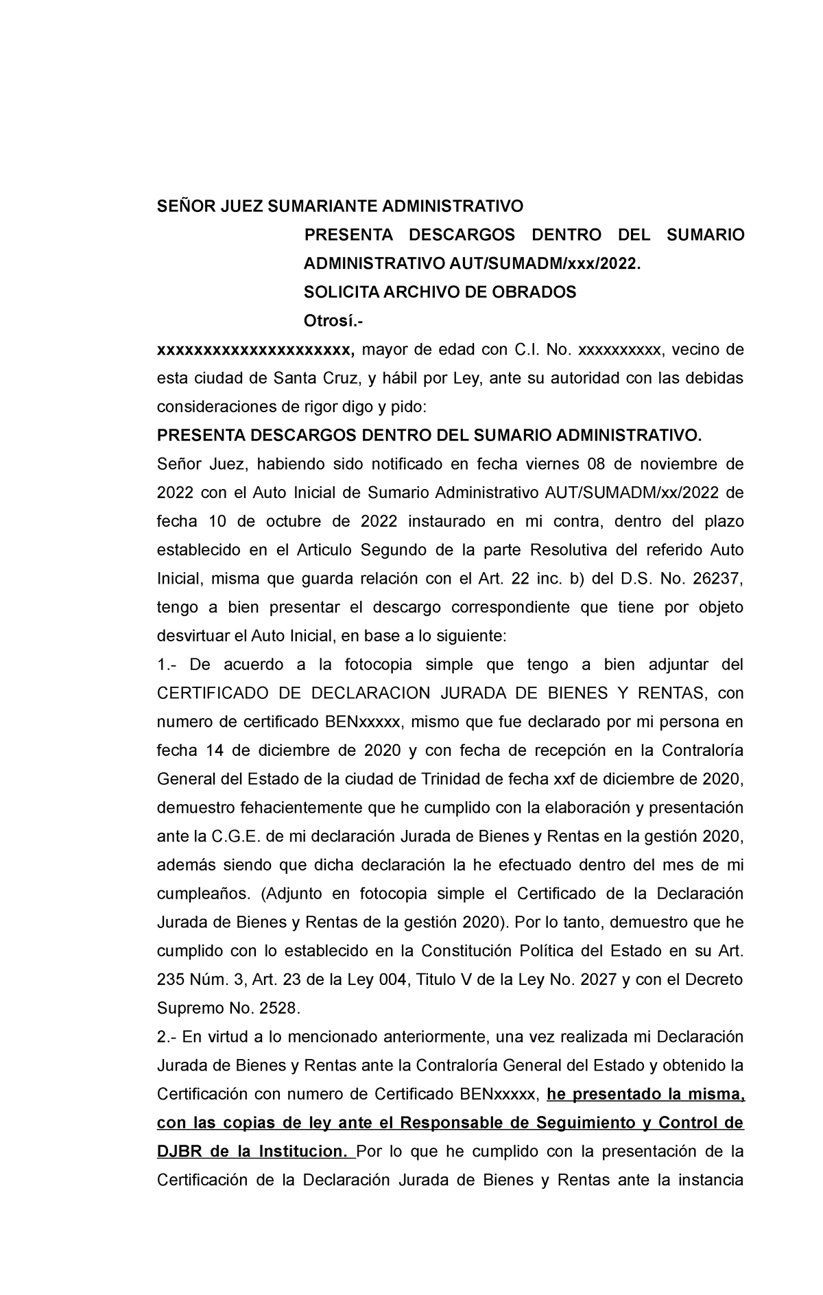 Memorial Contestacion Proceso Administrativo - SEÑOR JUEZ SUMARIANTE ...