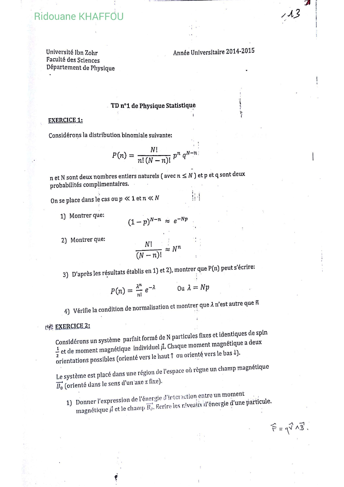 Physique Statistique TD 03 - Studocu