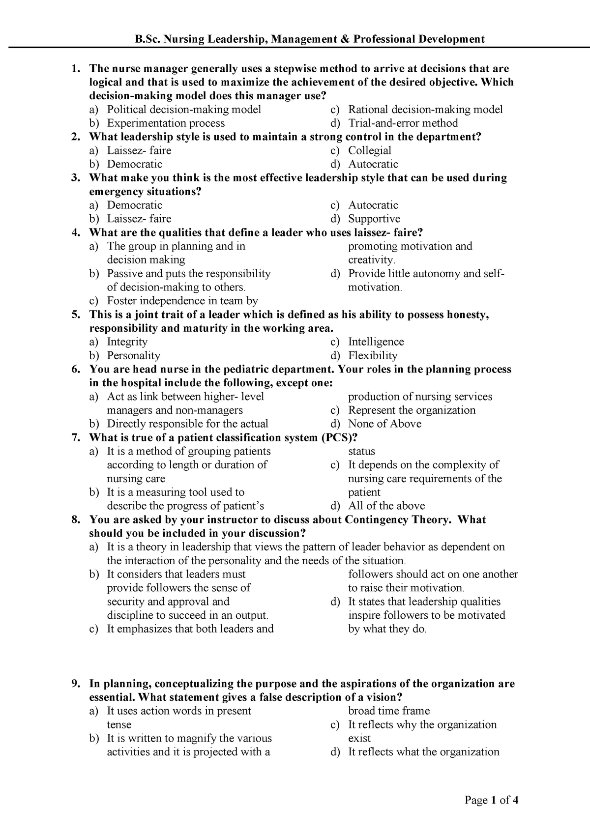 Exam 2019, Questions - B. Nursing Leadership, Management & Professional ...