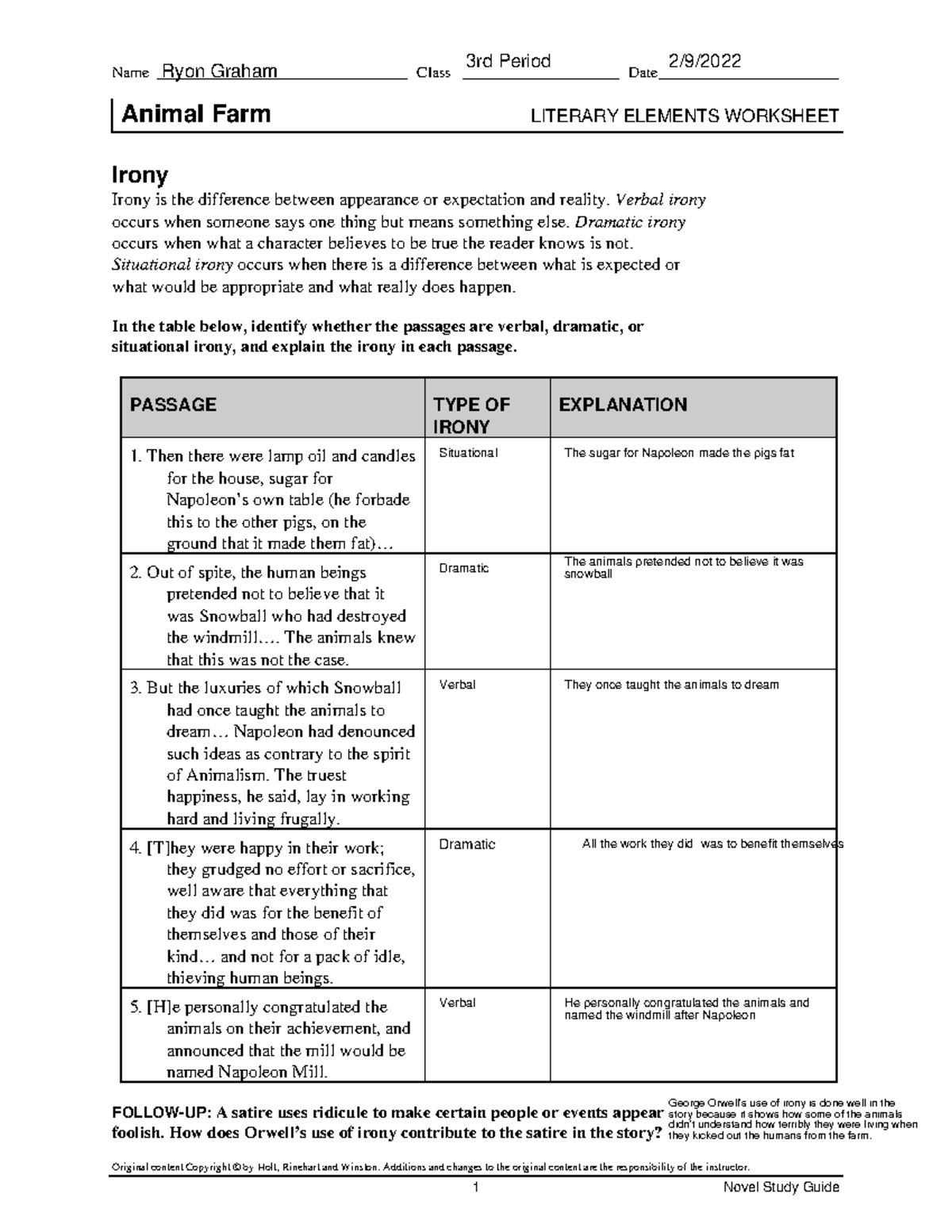 Animal Farm Irony Graphic Organizer1 Name