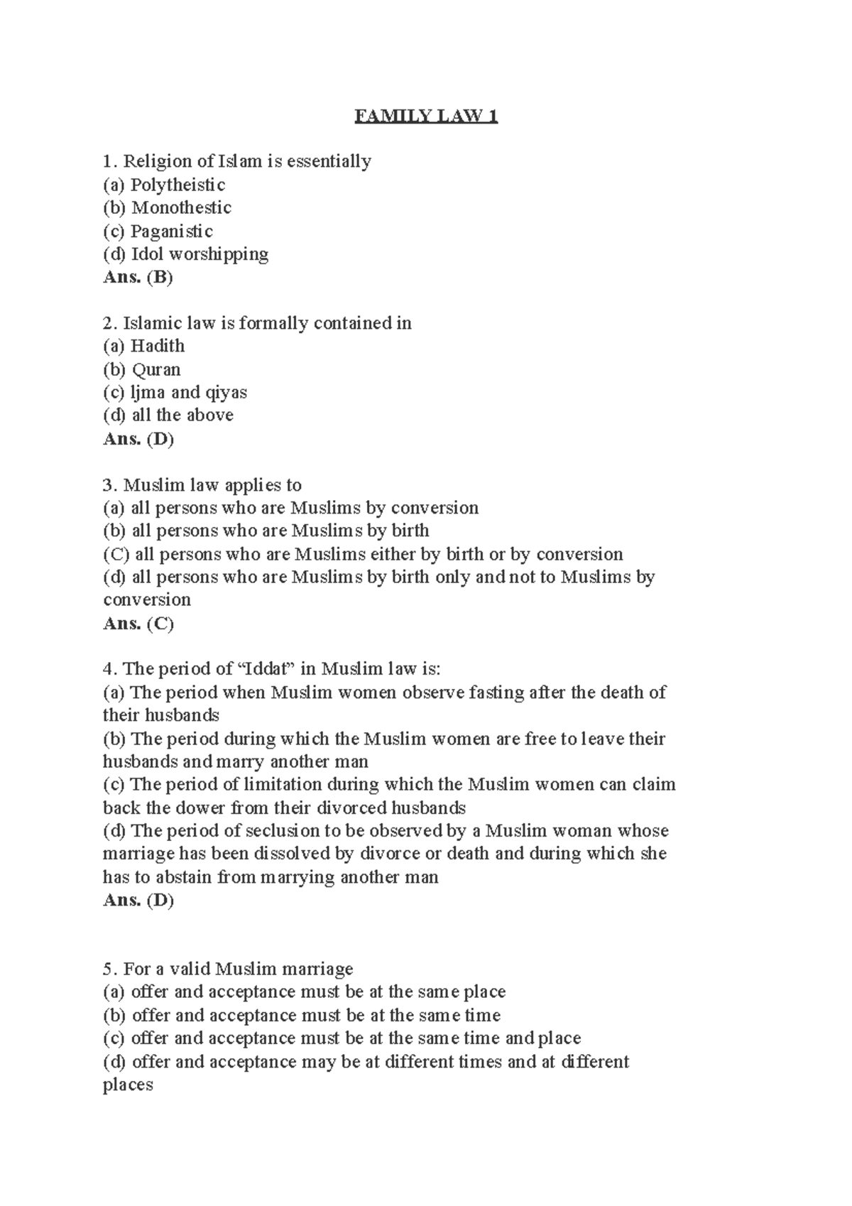 question-bank-family-law-1-family-law-1-religion-of-islam-is