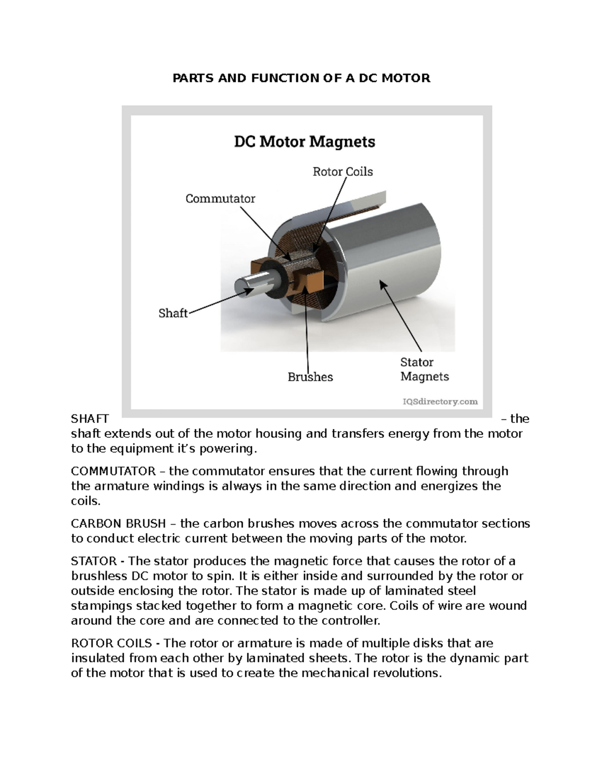 Parts AND Function OF A DC Motor - PARTS AND FUNCTION OF A DC MOTOR ...