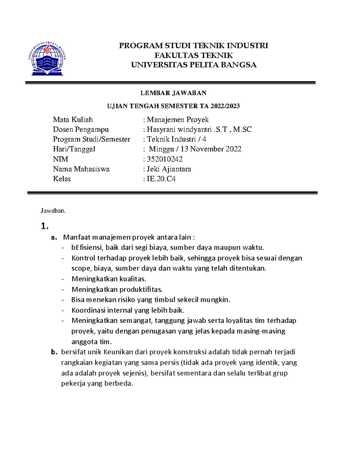 Jawaban UTS - uts - PROGRAM STUDI TEKNIK INDUSTRI FAKULTAS TEKNIK ...