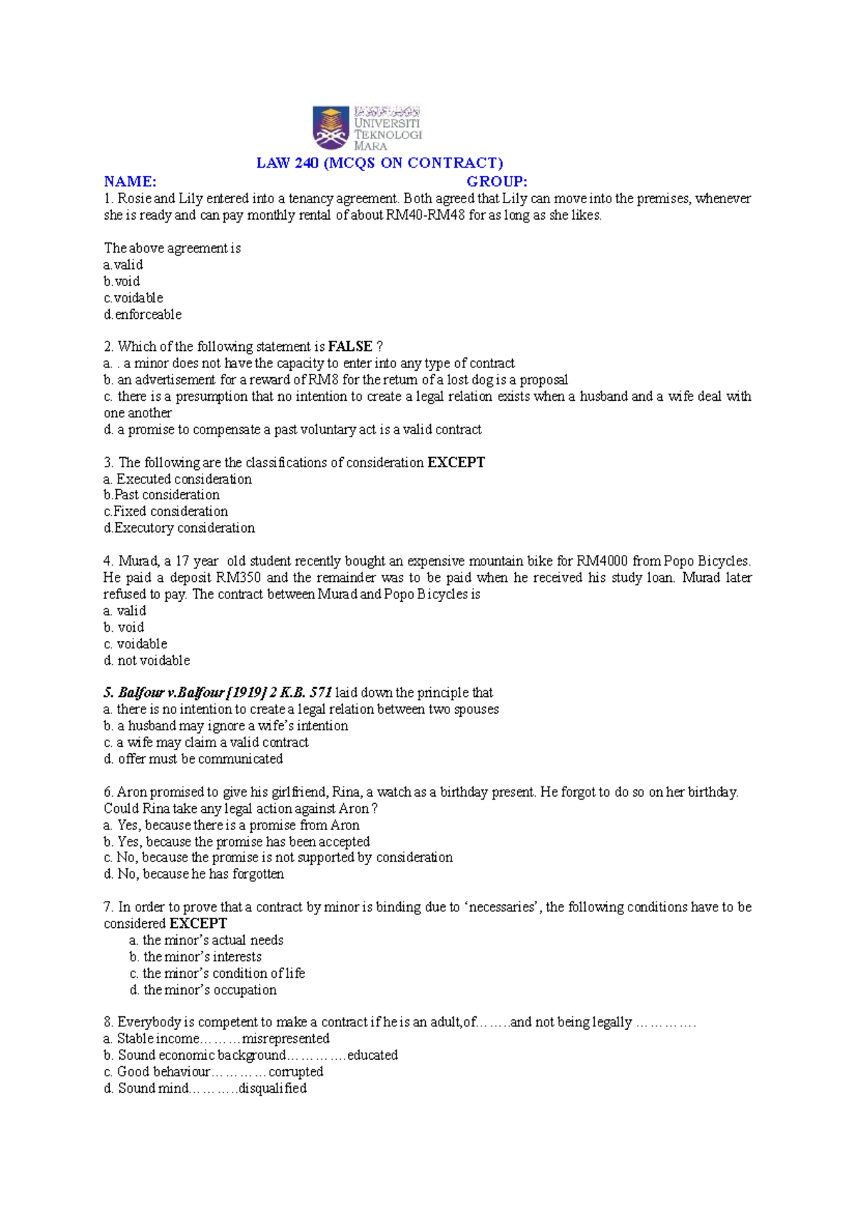Tuto Law 416 Mcqs On Law Of Contract Copy Law 240 Mcqs On Contract Name Group Rosie And Tuto Law 416 Mcqs On Law Of Contract Copy Law 240 Mcqs On Contract Name Group Rosie And